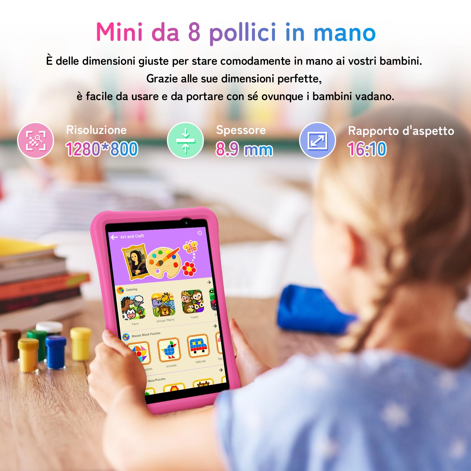 UMIDIGI Tablet Bambini Android 14, 8 Pollici, WIFI 6, G1 Tab Mini Kids, 7(3+4) GB+32GB/TF 1TB, 5000 mAh, 5MP, Controllo Parentale, Quad Core, BT5.0, Google GMS