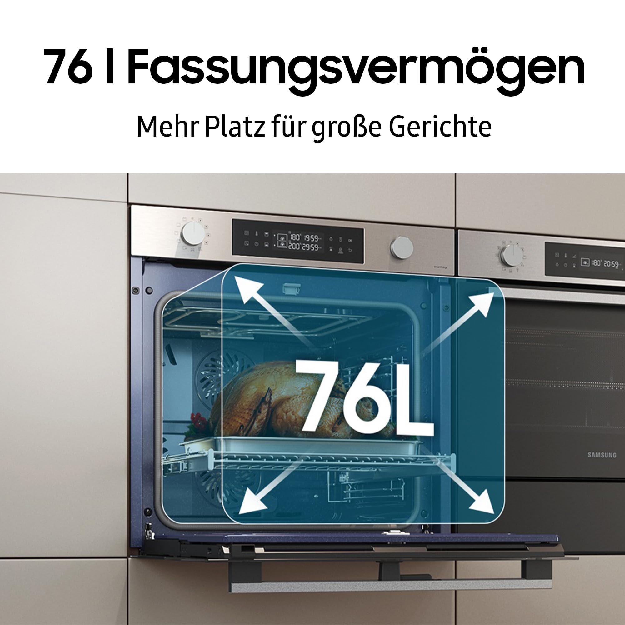 Samsung NV7B7997ADK/U1 Dual Cook Einbaubackofen, Dampfgaren mit 700-ml-Wassertank, 76 l, Pyrolytische Selbstreinigung, Automatische Türöffnung, Kamera, SmartThings Cooking, Air Fry, Schwarzes Glas
