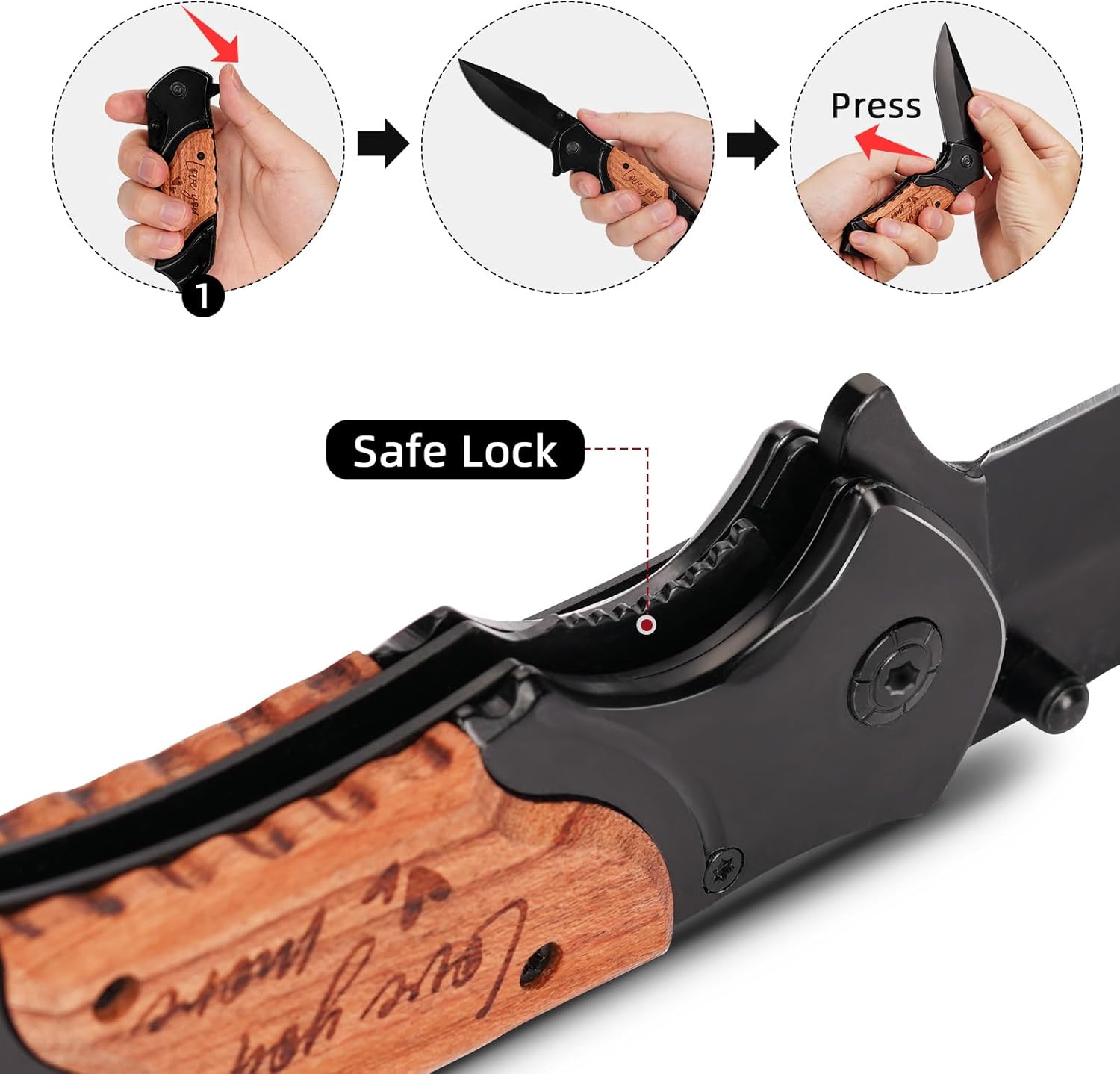 Gifts for Men Him Husband Fathers Day, Anniversary Birthday Gifts for Him Boyfriend, Birthday Gift ideas, Engraved Pocket Knife, Wooden Handle Folding Knife with Wood Box, Personalized Mens knife