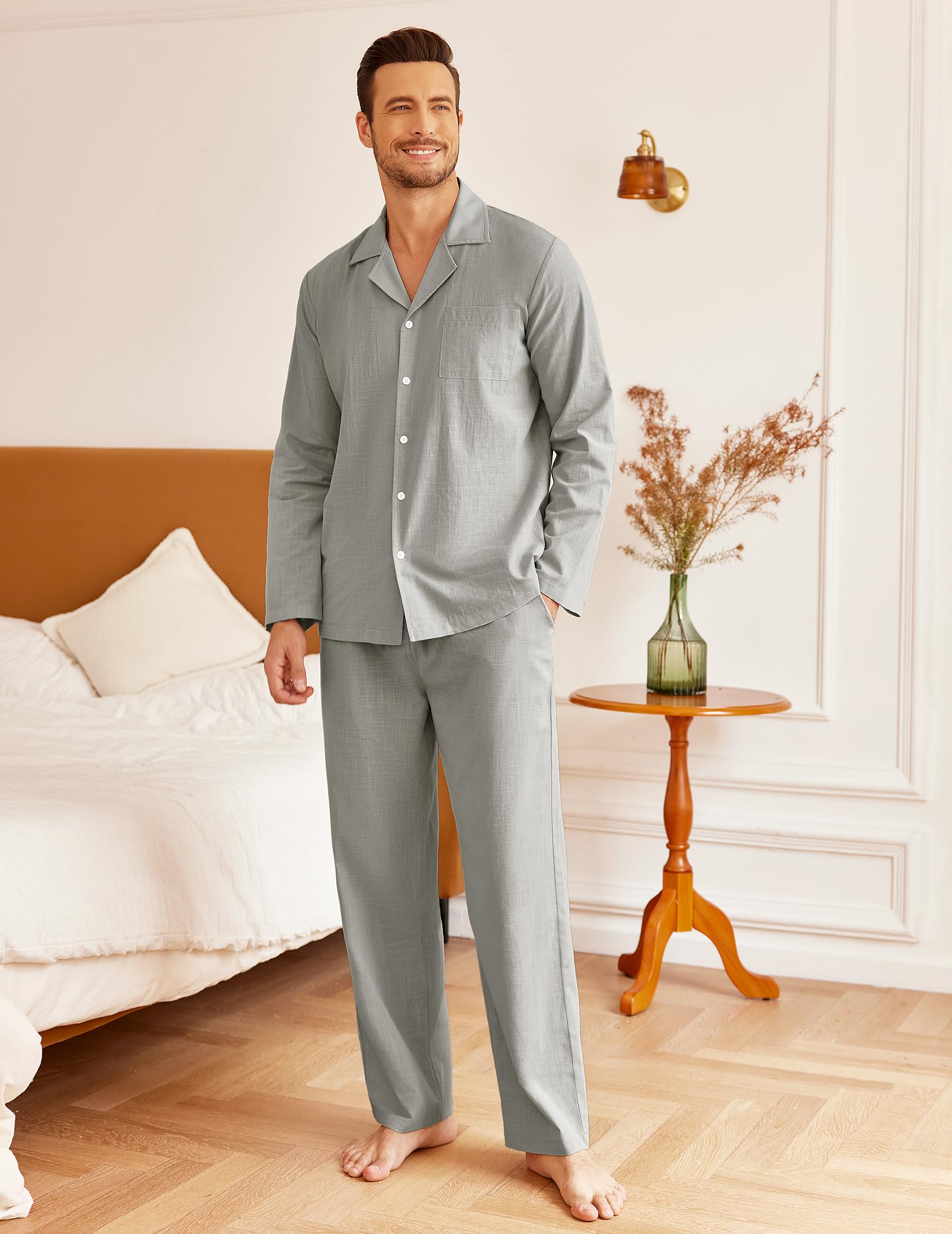 Ekouaer Pigiama da Uomo Invernale in Cotone Pigiami Due Pezzi Manica Lunga Pantaloni Pigiama da Notte Camicia Caldo， S-XXL