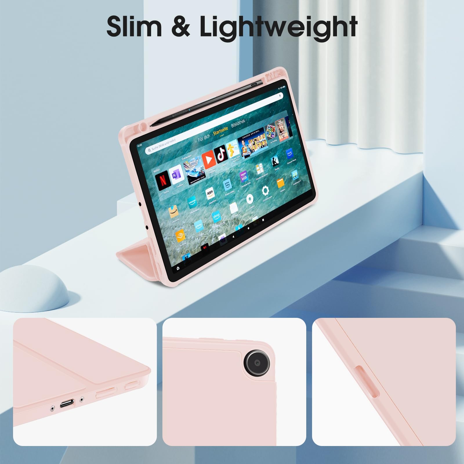Funda delgada para tablet Amazon Fire Max 11 (13ª generación, versión 2023) de 11 pulgadas, carcasa ligera triple con soporte para bolígrafo, funda de TPU para tablet Kindle Fire 11 con encendido y