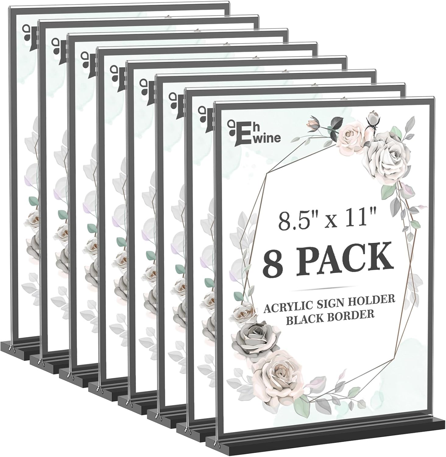 EHWINE 8 Pack Acrylic Sign Holder 8.5 x 11, Double-Sided Tabletop Black Sign Holder, Clear Acrylic Picture Frame Menu Flyer Paper Holder Display Stand for Home Wedding Party (with Non-Slip Pads)