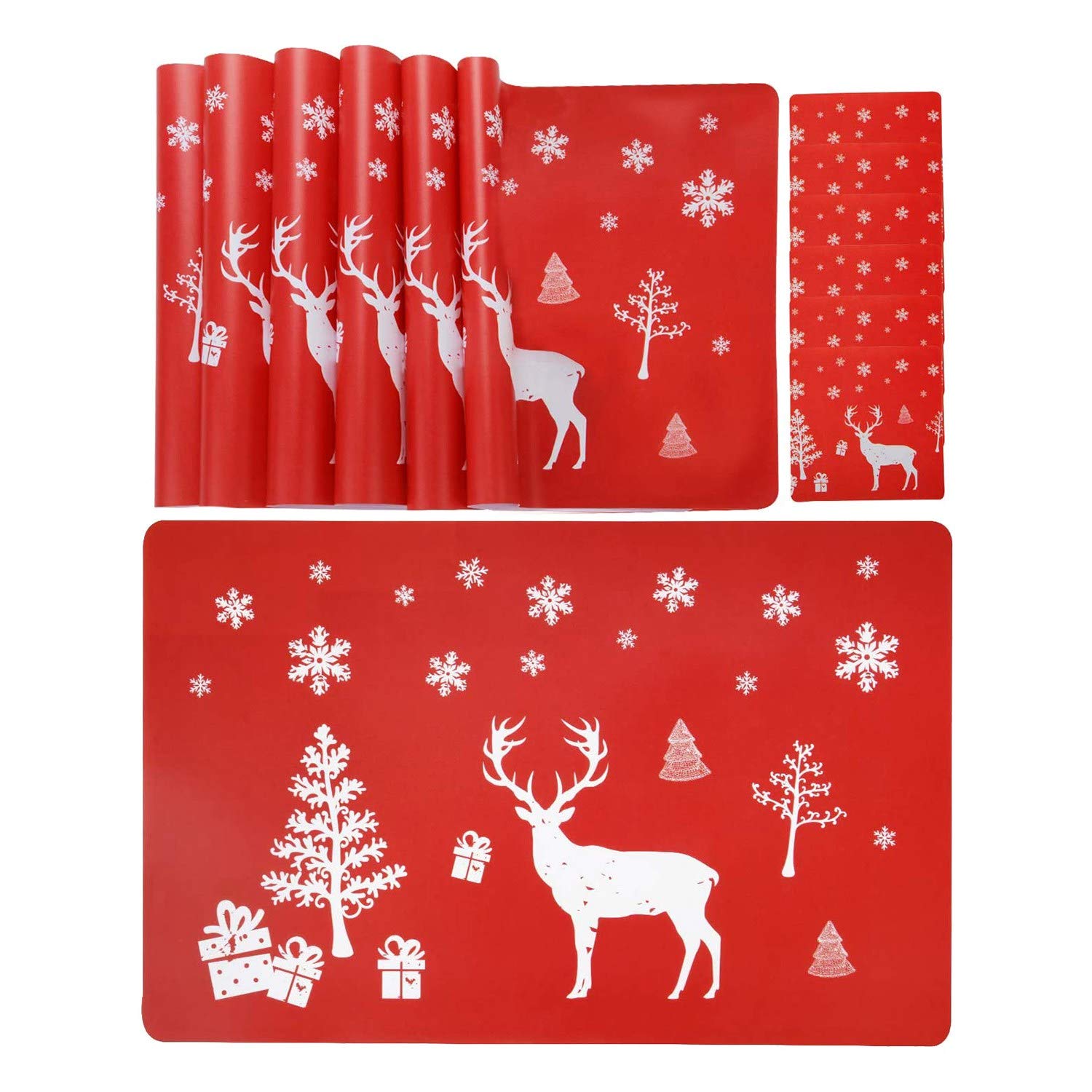 Pderlous Christmas Placemat Washable Table Place Mat Sets Of 6 Placemat & 6 Cup Mats, Christmas Tree, Snowflake Printed