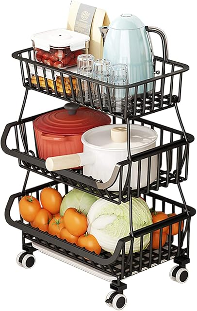 BRIAN & DANY 3 Tier Vegetable Storage Rack, Stackable Fruit Vegetable Stand with Lockable Casters and 5 S-Hooks for Kitchen, Pantry, Bathroom, Garage