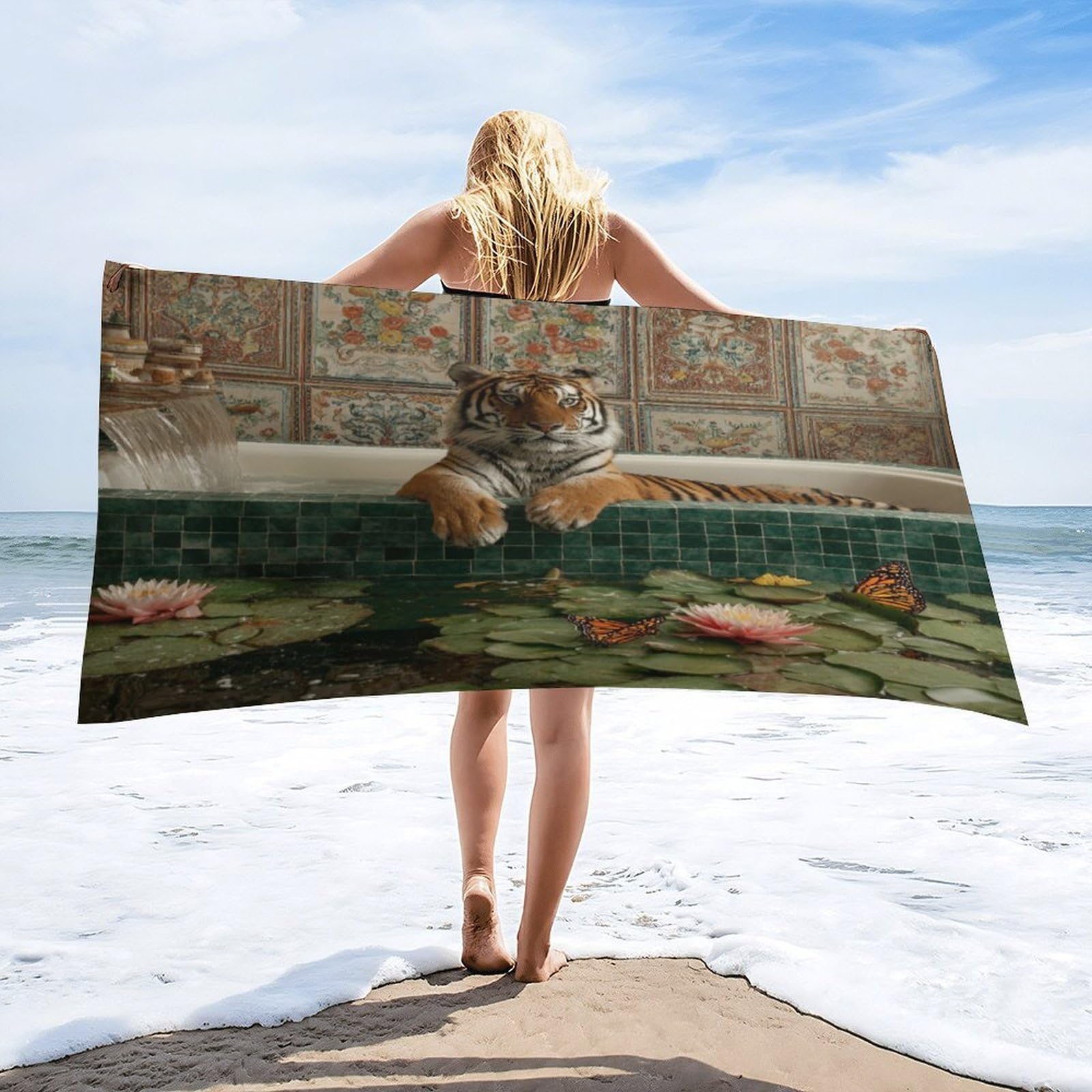 Luyysky Rustic Classic Elegant Tiger Absorbent Beach Towel, Retro Realistic Bathroom Art Animal Butterflies Lotus Flowers Outdoor Single-Sided Velvet Beach Towel-80 W Cm X 160" L Cm