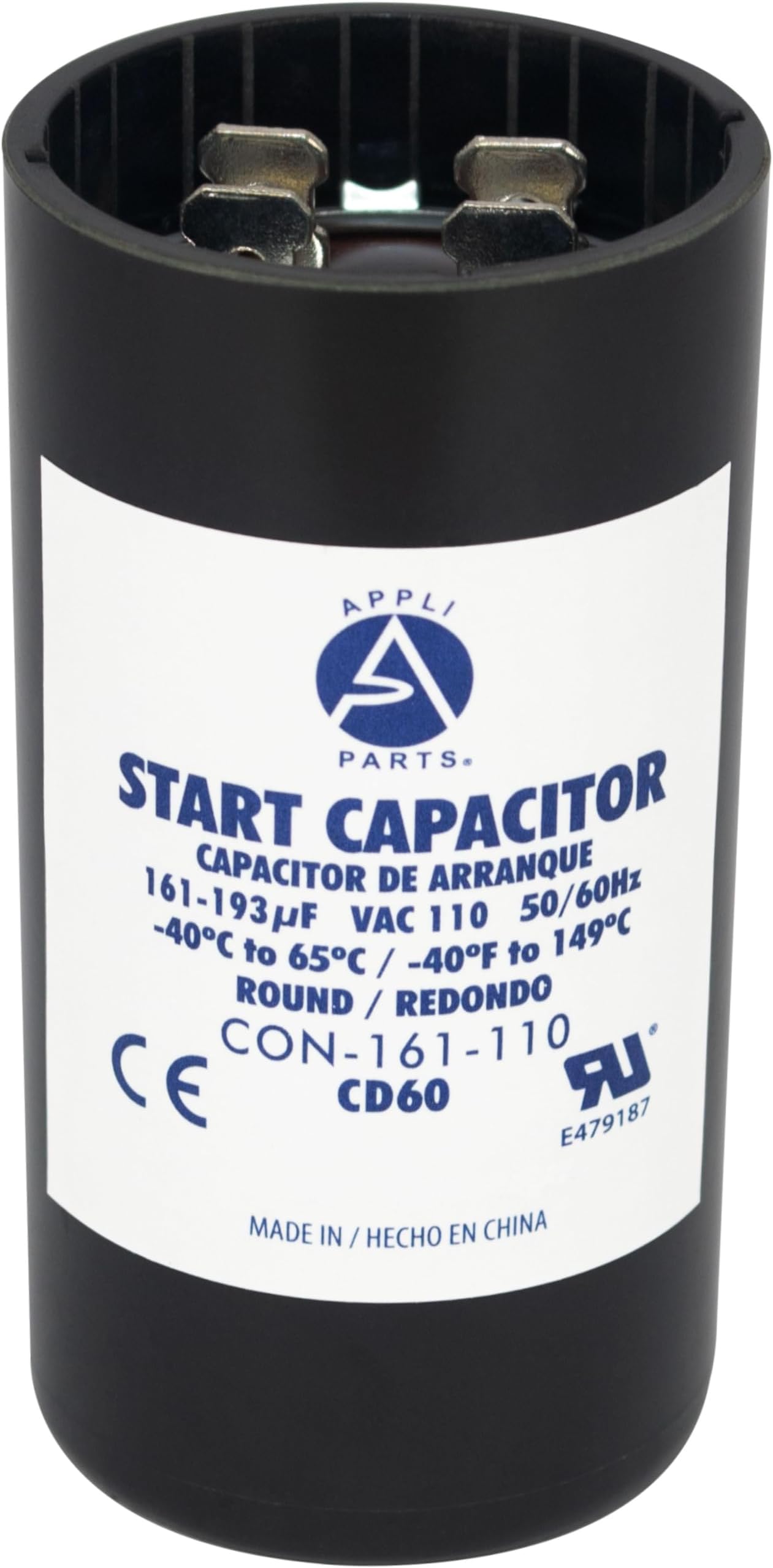 Appli Parts CON-161-110 Motor Start Capacitor 161-193 MFD uF, 110-125 VAC. Universal for Electric Motor Applications, 1.44 in Wide, 3.38 in Height