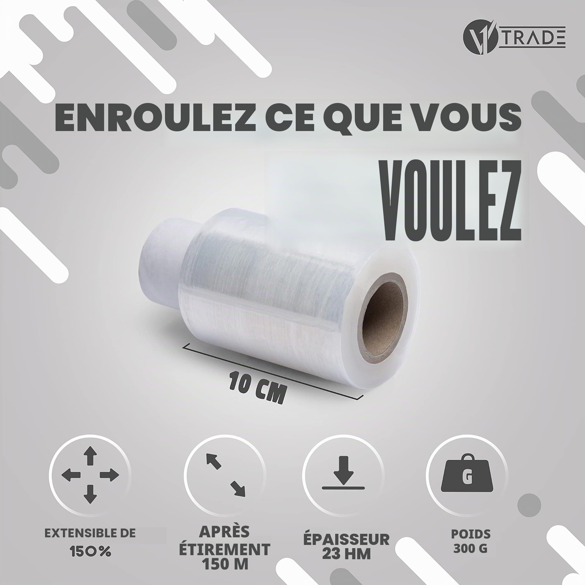 V1Trade Mini Rouleau Film Etirable Demenagement – 150mx10cm Transparent Film Palette 23μm 40 Roleaux - avec Poignée - Logistique et el Maison - S'étire Bien et Résistant à la Déchirure