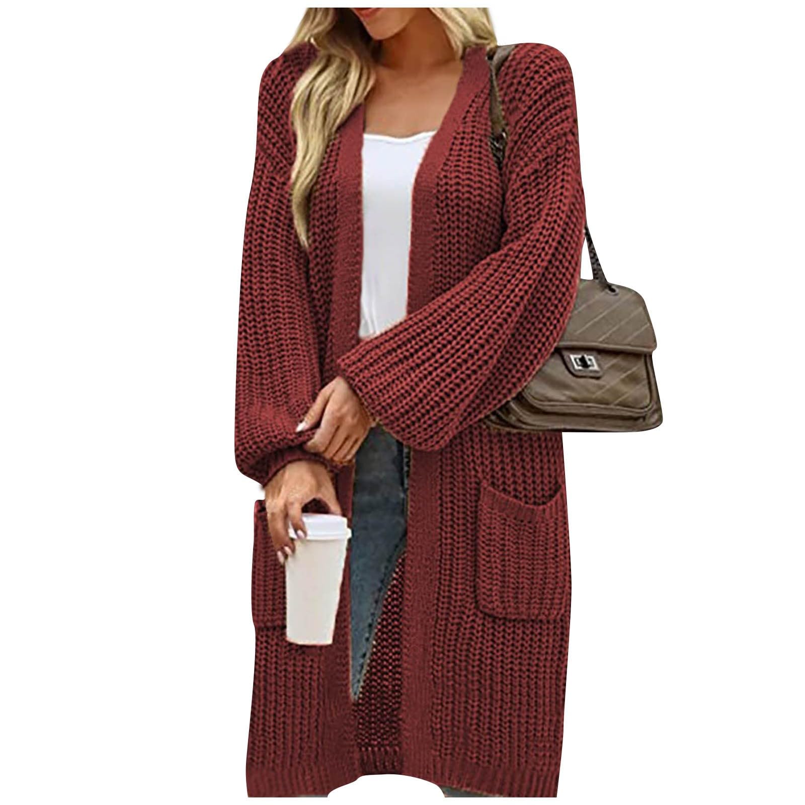 Generisch Strickjacke Damen Lang Grobstrickjacke Mit Taschen Wintermantel | Strickjacken Winter Leichte Winterjacke Damen Casual Cardigan Open Front Mantel Frauen Langarm Strickmantel Einfarbig