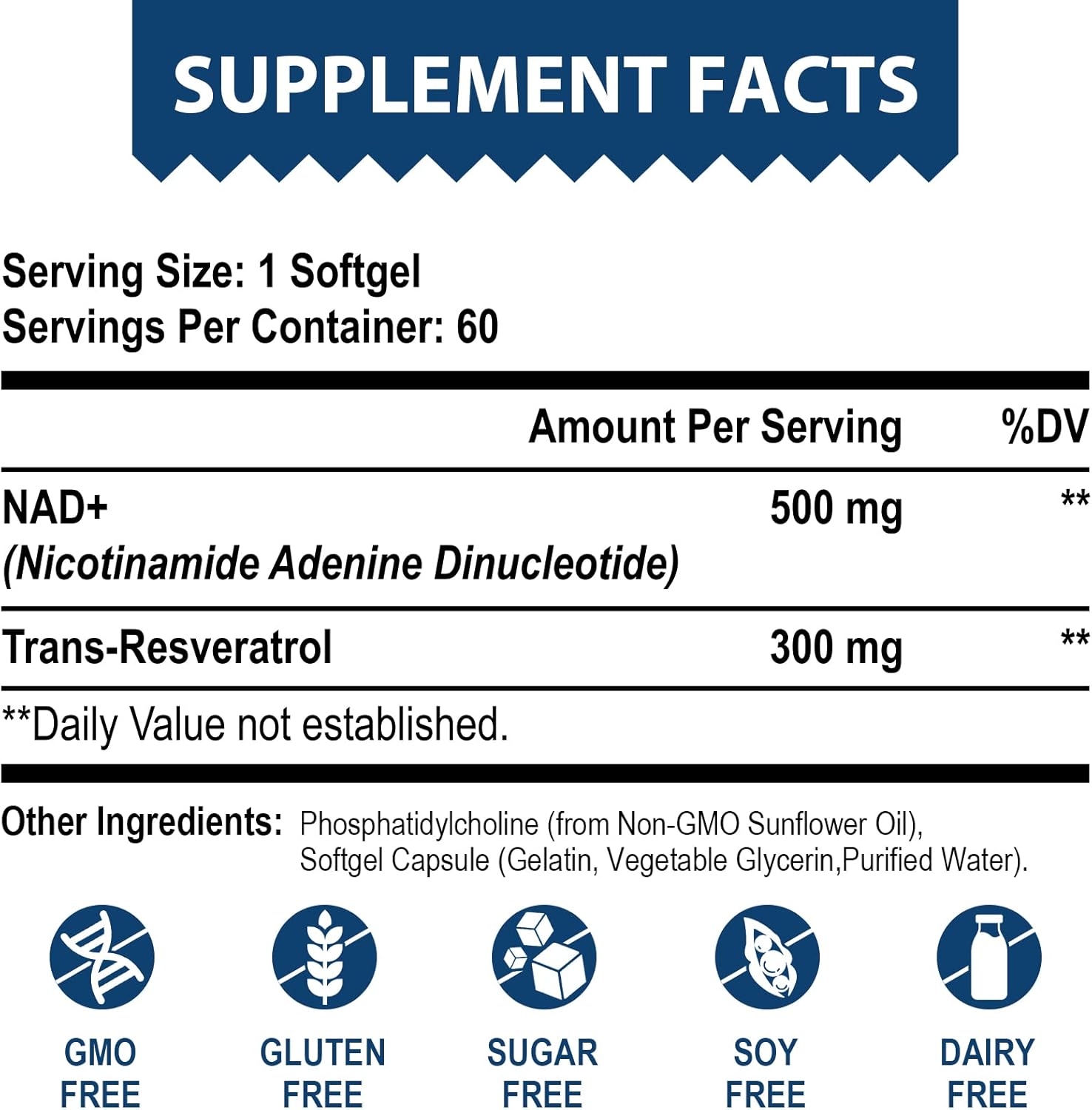 Liposomal NAD+ 500 mg + Trans-Resveratrol 300 mg, Superior Absorption True NAD Supplement Efficient for Cellular Energy Metabolism & DNA Repair, 60 Softgels - Image 2