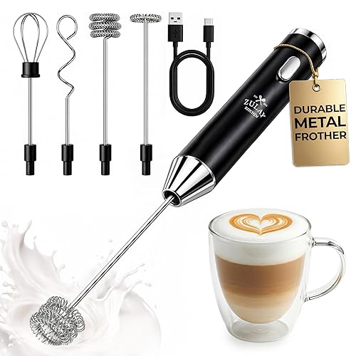 Zulay Kitchen Metal Rechargeable Milk Frother, 3 Whisk Attachments Handheld