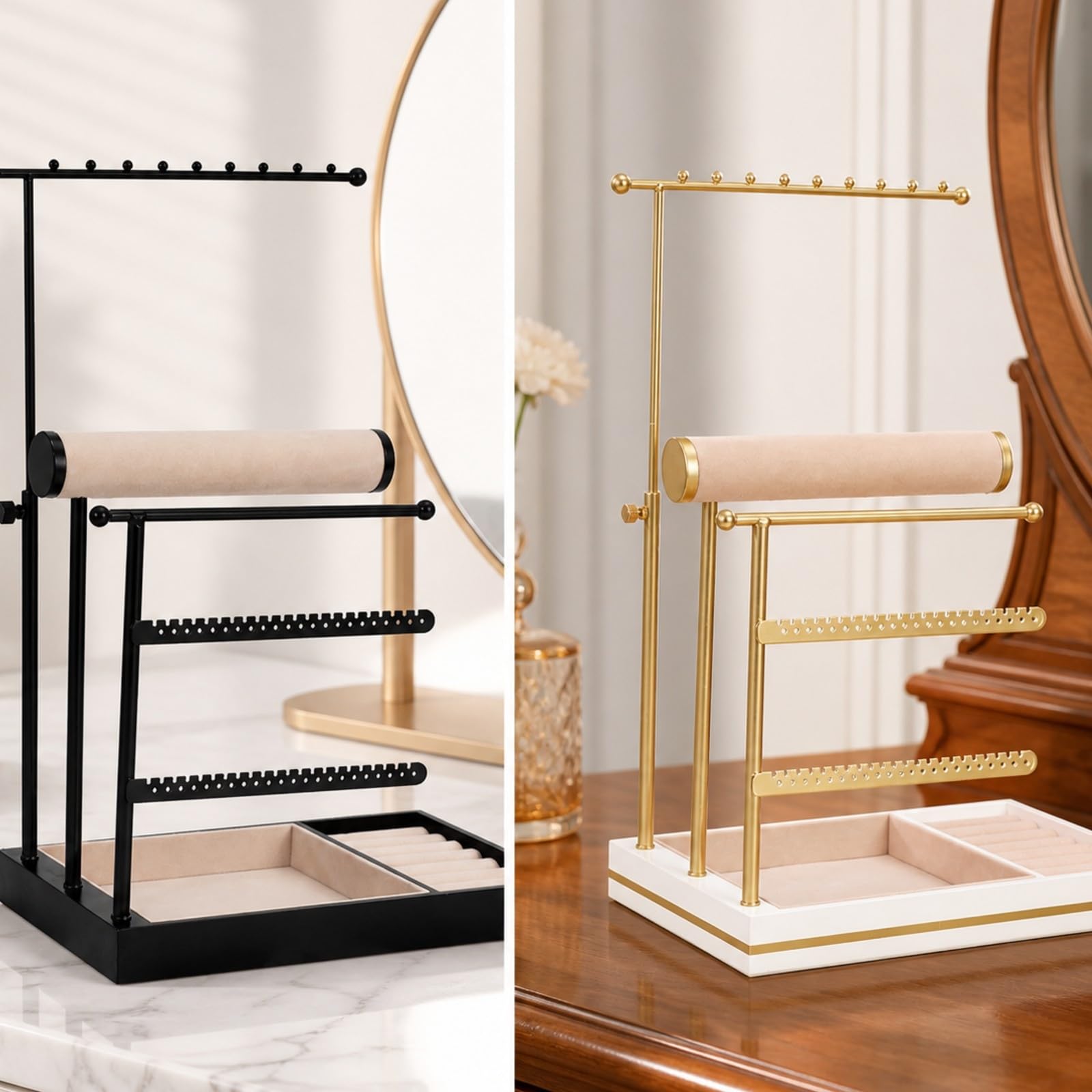 TISHITA Rack Exhibición s con Base MDF Multifuncional Organizador Colgante Pulseras y Anillos Elegante Joyero Escritorio Metálico, Negro