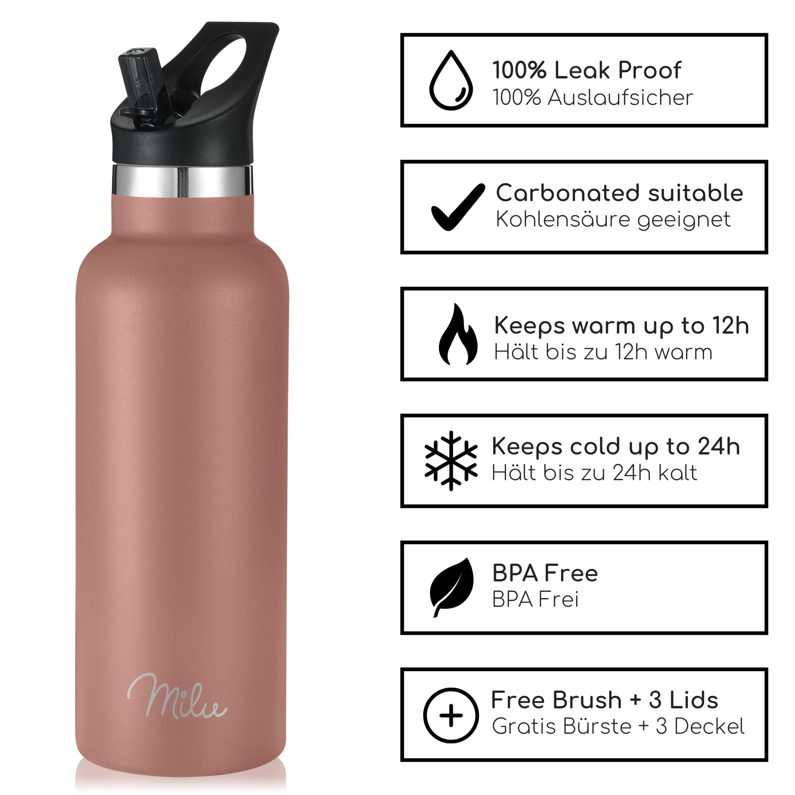 Milu Edelstahl Trinkflasche (+3 Deckel) - Thermosflasche mit Strohhalm 500 ml – Bild 4