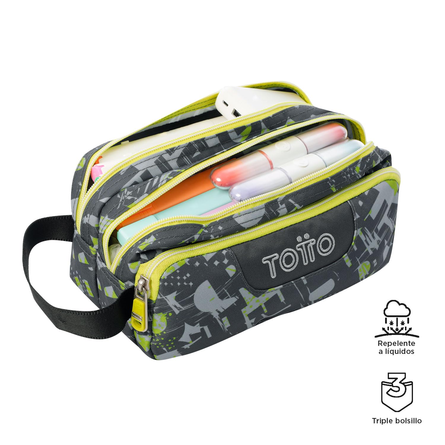 TOTTO - Astuccio scolastico a 3 scomparti, modello Agapec, astuccio grande, dimensioni 23 x 11,5 x 10,5 cm, manico laterale, manici ergonomici con PVC, tessuto resistente, stampa Texgrunge