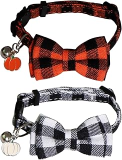 STMK 2 Pack Pumpkin Cat Collar with Bow Tie Bell, Breakaway Fall Halloween Thanksgiving Day Cat Kitten Collars with Bowtie Bell Pumpkin for Holiday Cats Kittens Costume Decorations