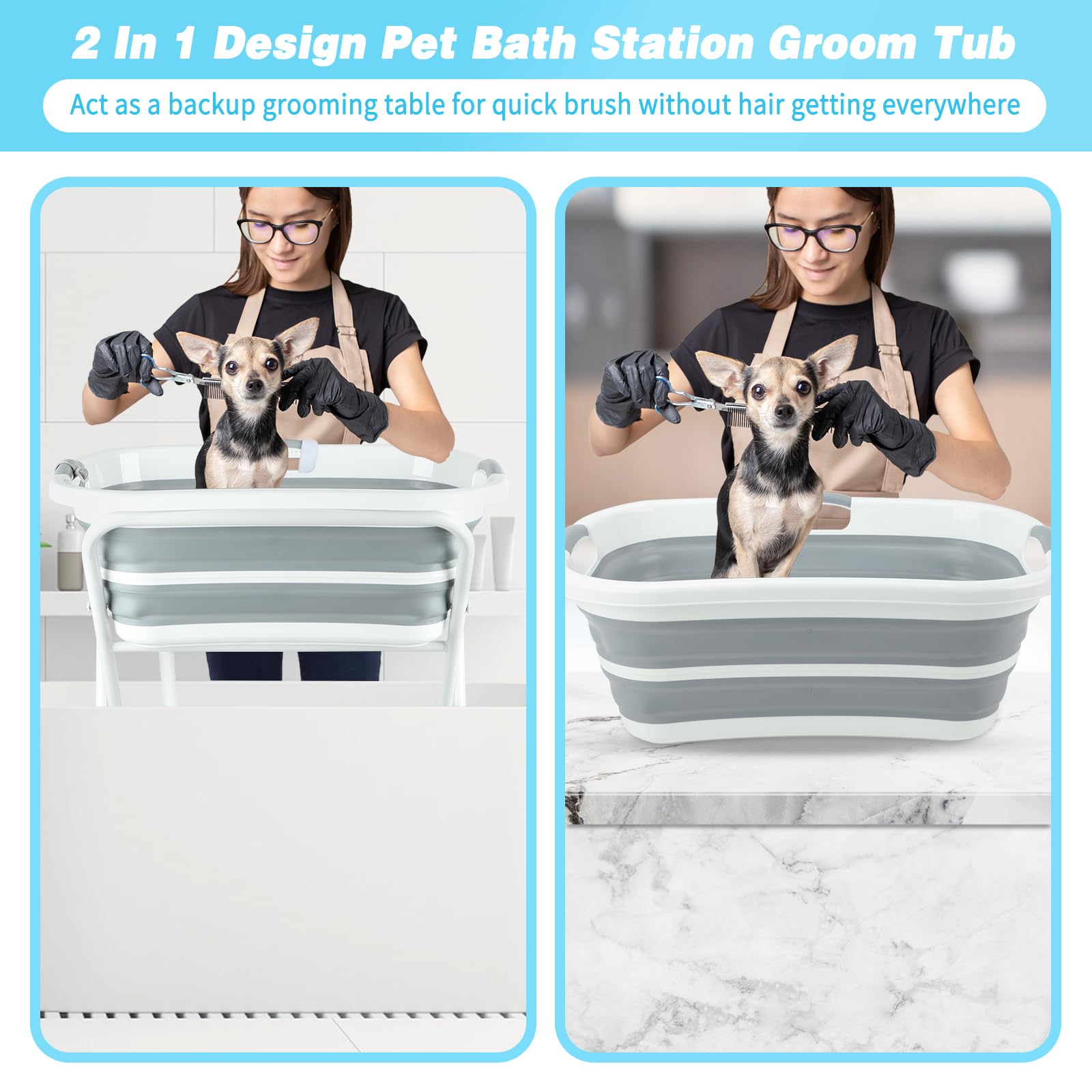 FHTONGE Erhöhte Hunde-Badewanne, Fellpflegestation mit Abfluss, verstellbares Halsband, zusammenklappbare Hundepflege, 2-in-1, tragbare Hundewaschstation, Haustierwanne für kleine, mittelgroße Hunde