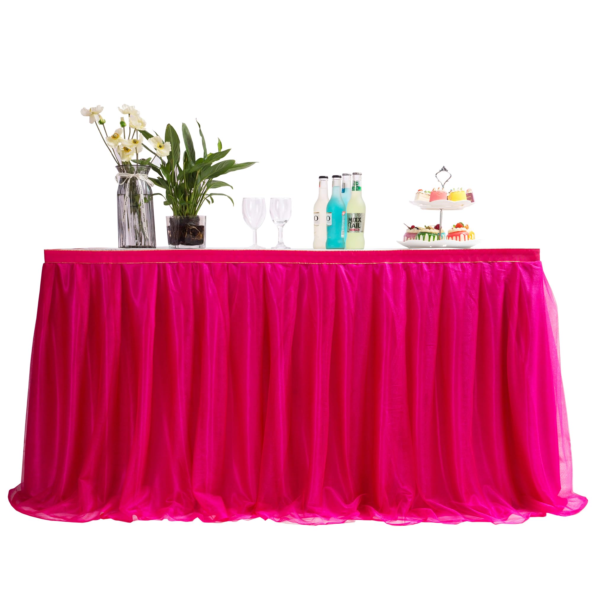MYMM 14FT(168 * 31 in) Rose red Tulle Tutu Table Skirt, Wedding Bridesmaid, Baby Party Skirt, Rectangle Or Round Decorative Table Decoration, Fashion