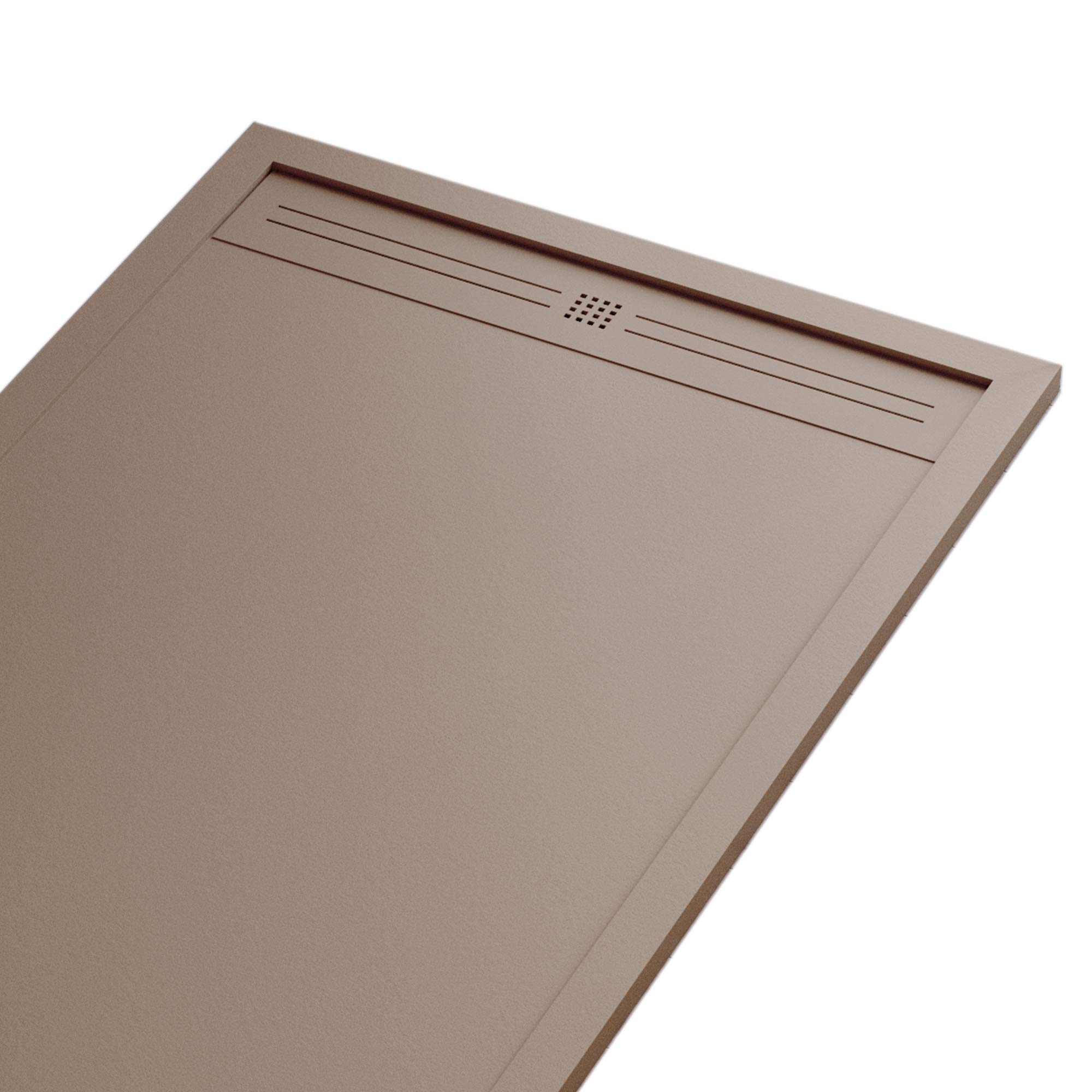 Piatto Doccia Mineralmarmo Effetto Pietra Ardesia - Modello Sun - Marmo Resina con Gelcoat - Griglia Laterale Acciaio Inox in Tinta - Colore Moka - 70x140