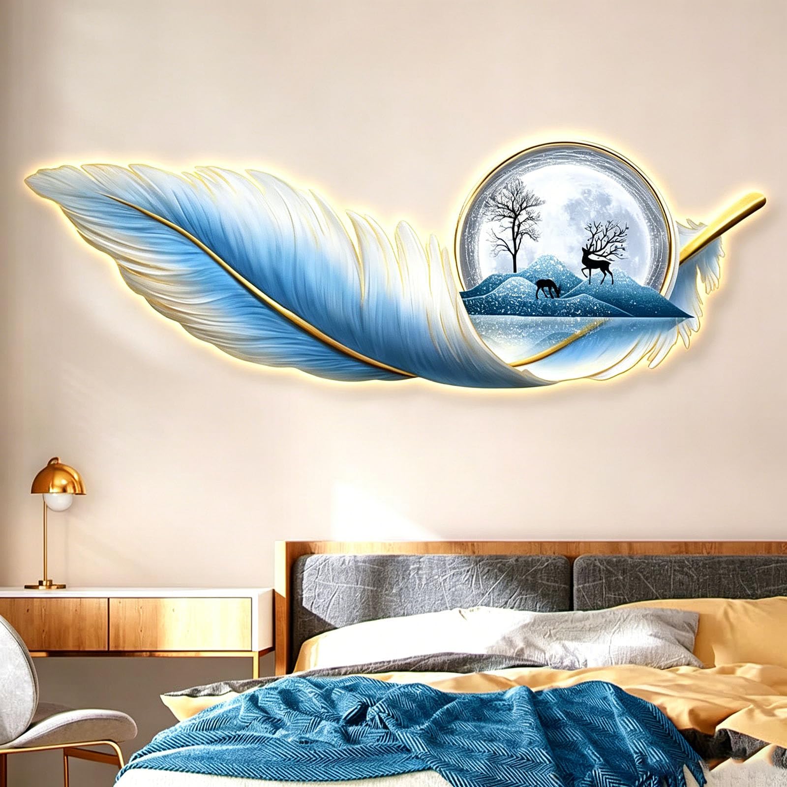 JSLXNDM 3D LED Wall Art Sculpture Lighted Decor, Modern Wall Art Feather & Deer Painting, Decorative Backlit Wall Hanging for Living Room, Bedroom Entryway Hallway H 59.1" × 19.7" (150×50 cm)
