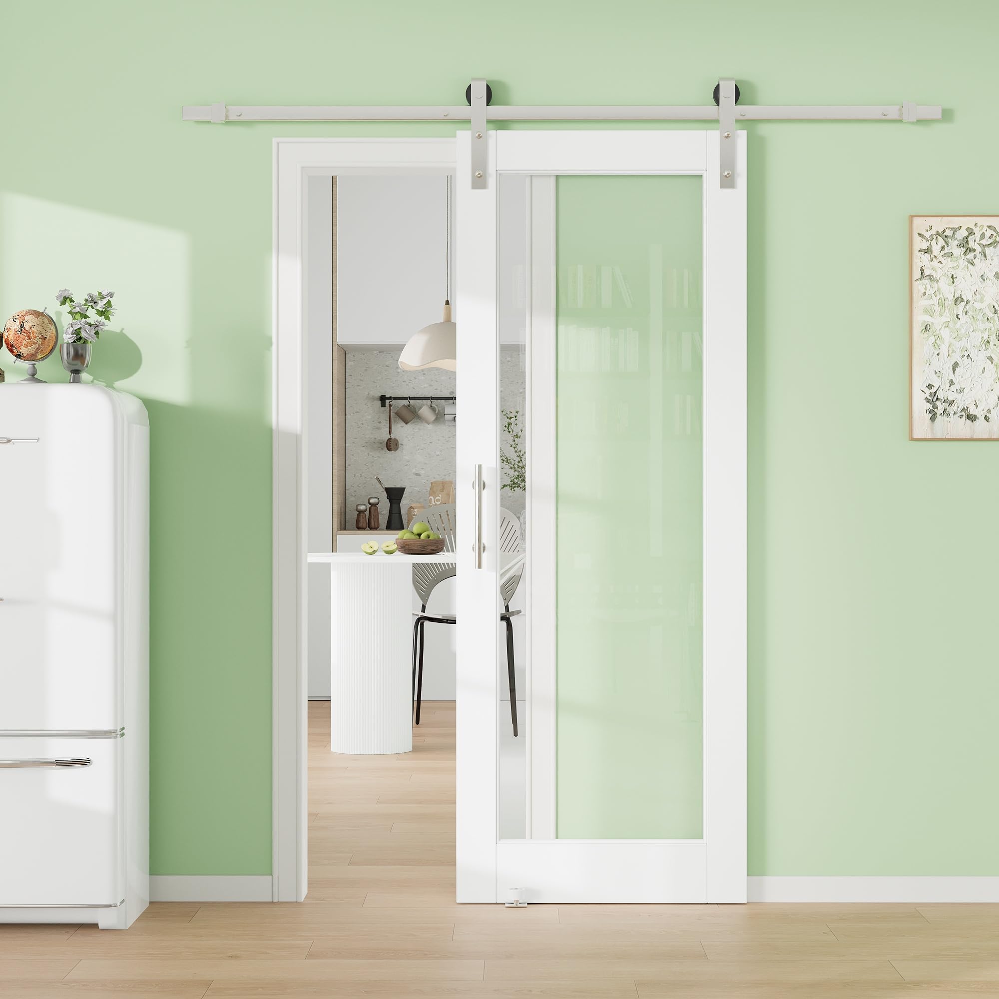 36" x 80" 1-Lite Tempered Clear Glass Barn Door with 72" Track Kit