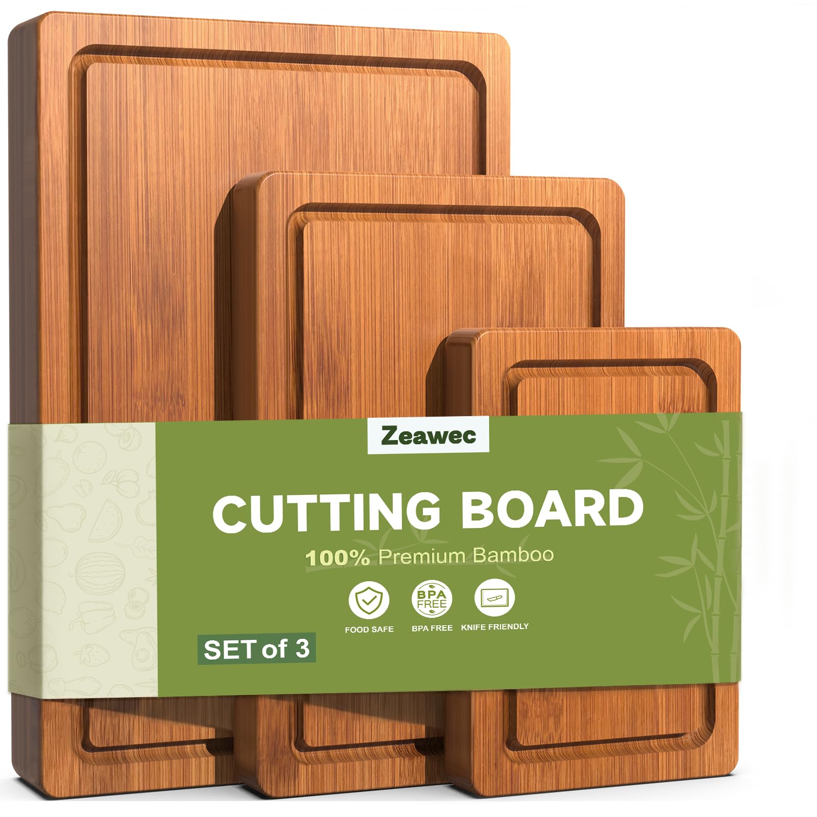 Photo 1 of Zeawec 3-Piece Set Deep-Carbonized Bamboo Cutting Board for Kitchen - Crack-Resistant Wood Chopping Boards with Deep Juice Grooves, Pre-Oiled Butcher Block for Meat, Vegetables & Cheese, Carbonized