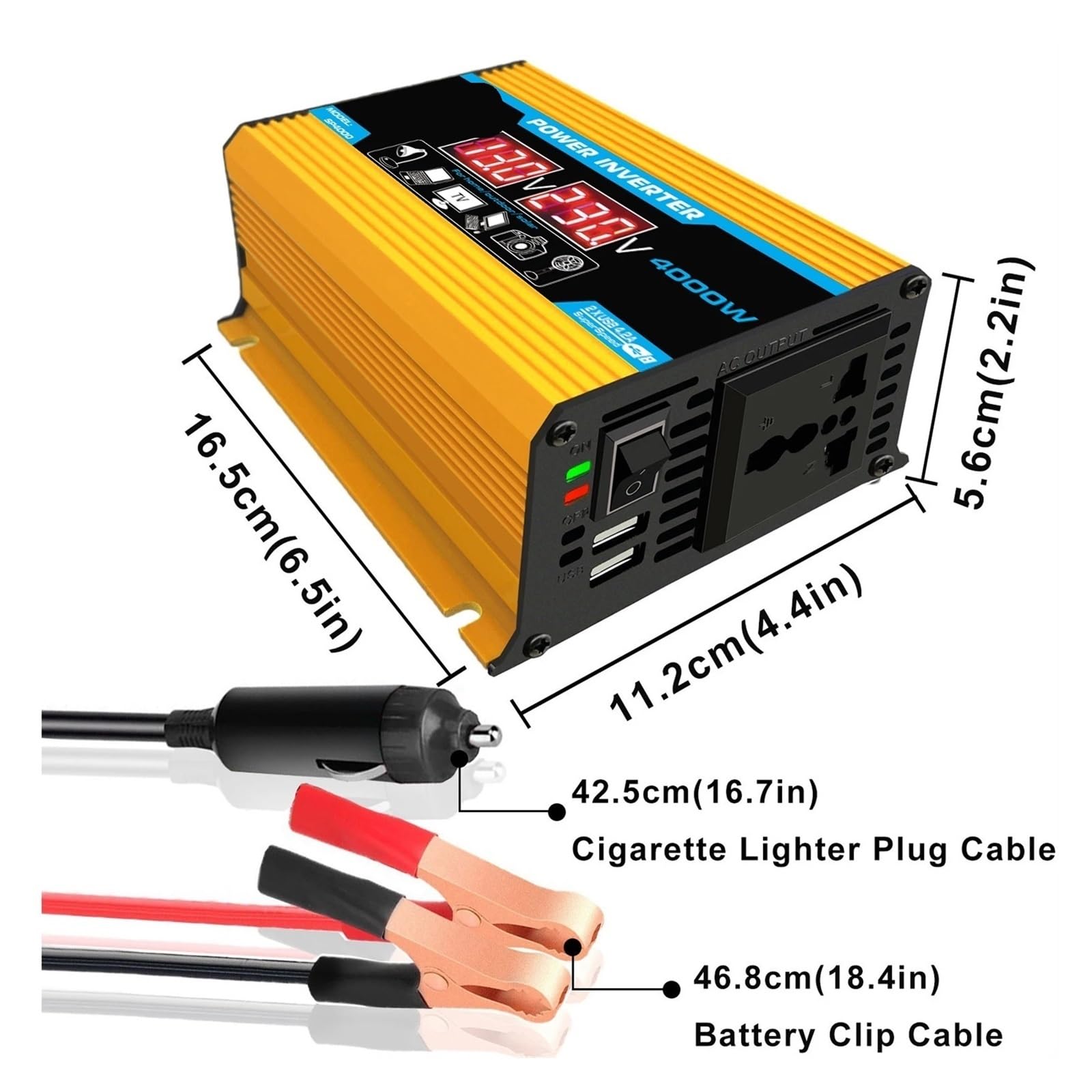 Falownik mocy Modyfikowany falownik sinusoidalny 4000 W DC do AC przenośny samochodowy ładowarki konwerter szczytowej mocy w watach(Yellow)
