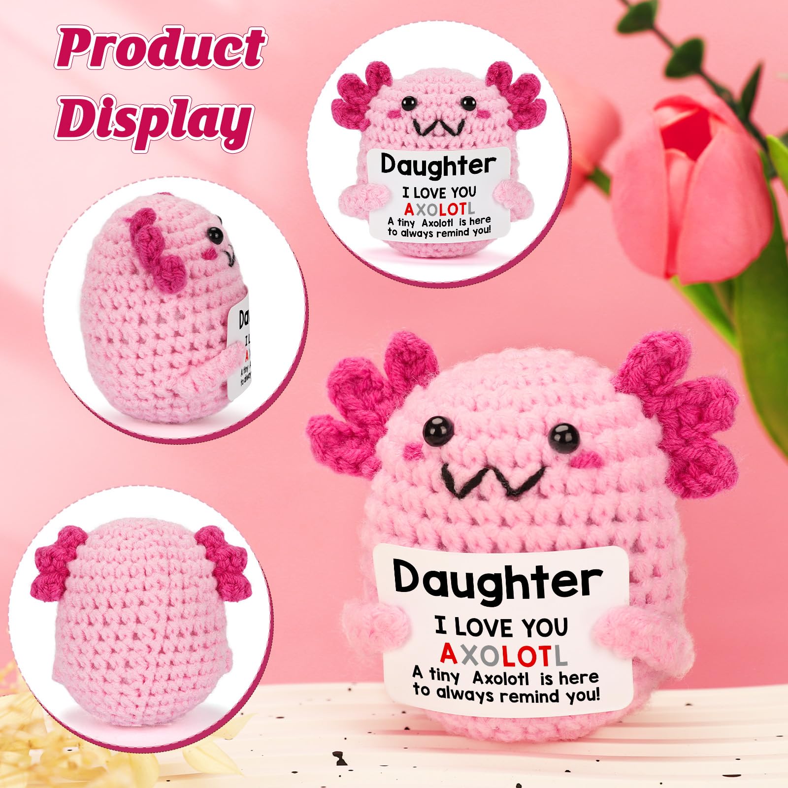 Daughter Gifts from Mom on Mothers Day, Handmade Crochet Axolotl Plush with I Love You Sign, Teen Girl Trendy Stuff, Birthday Christmas Valentines Easter Basket Stuffers for Tweens Kid