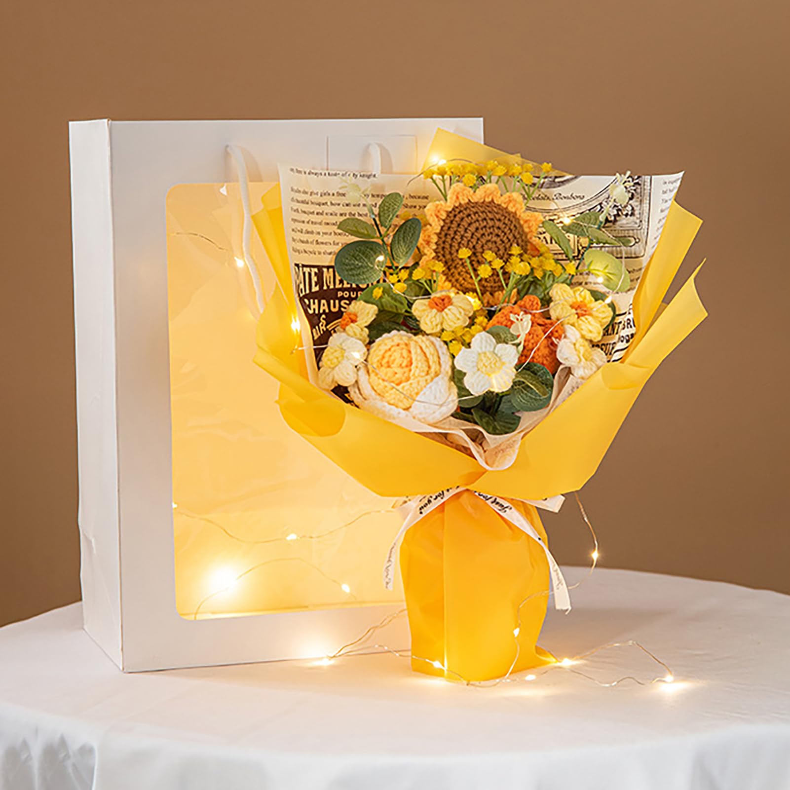 bukiet ślubny, Sztuczny słonecznik Daisy Warm Sztuczne kwiaty róży Bukiet, Ręcznie robione szydełkowe, Żywe słoneczniki Dzianinowe sztuczne(Yellow)