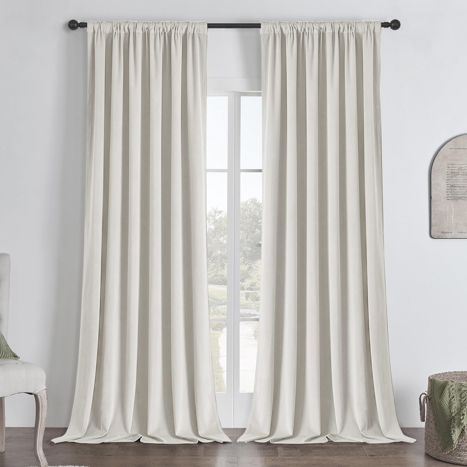 Joydeco White 100% Blackout Curtains 84 Inch 2 Panels, Luxury Thermal White Velvet Curtains for Bedroom Living Room, Soundproof Blackout Window Drapes, Rod Pocket & Back Tab (52W x 84L)
