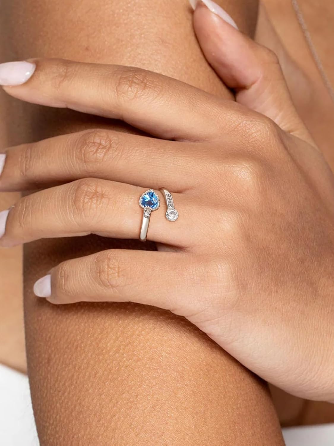 Silvora 925 Sterling Silver Adjustable Birthstone Ring with Heart Shaped Gemstone and Round CZ, Perfect for Women, with Gift Box