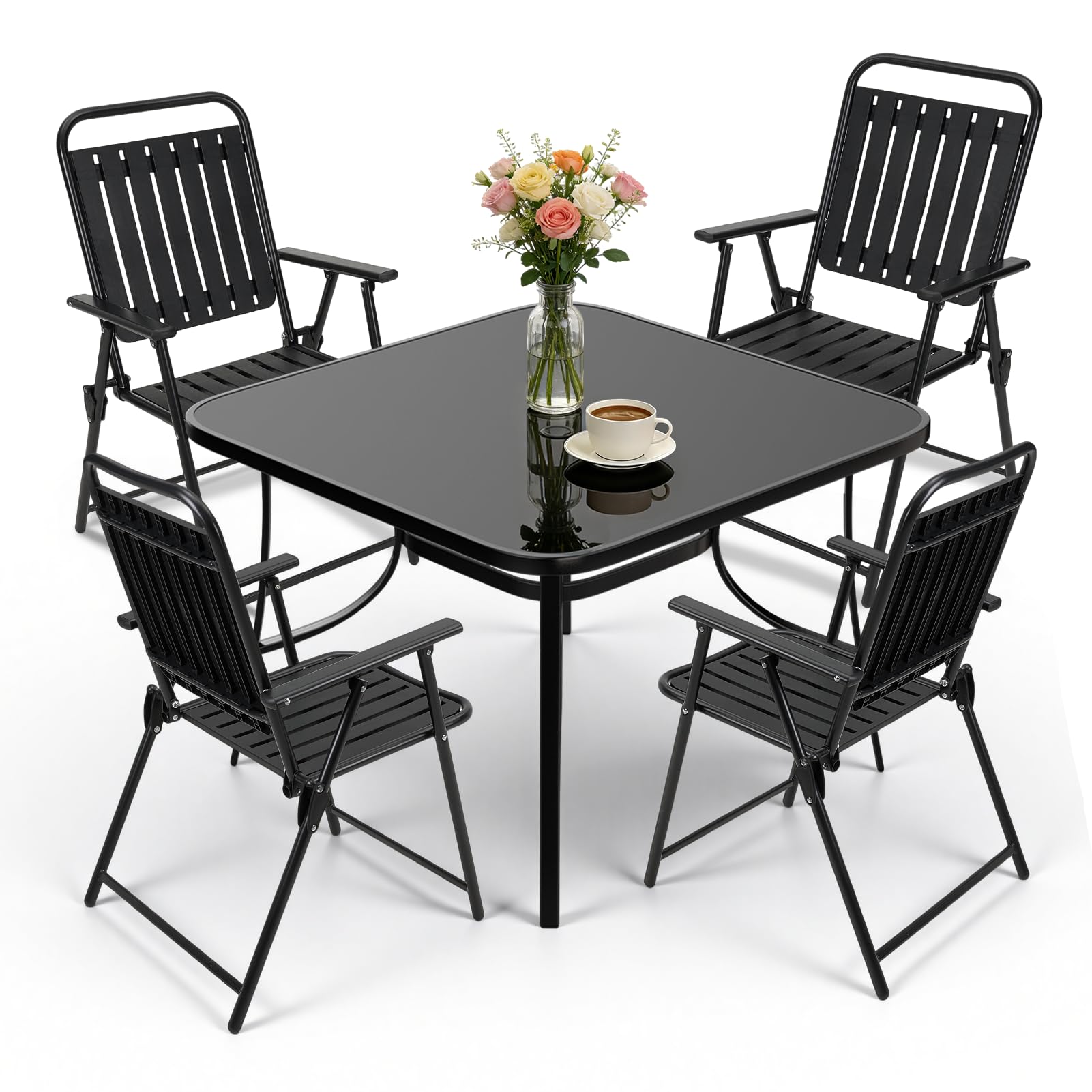 Warmiehomy 5 Piece Outdoor Dining Set, 4 Seater Metal Garden Table and Chairs Set with Parasol Hole, Weather Resistant Patio Furniture Set with Foldable Chairs & Tempered Glass Top Square Table, Black