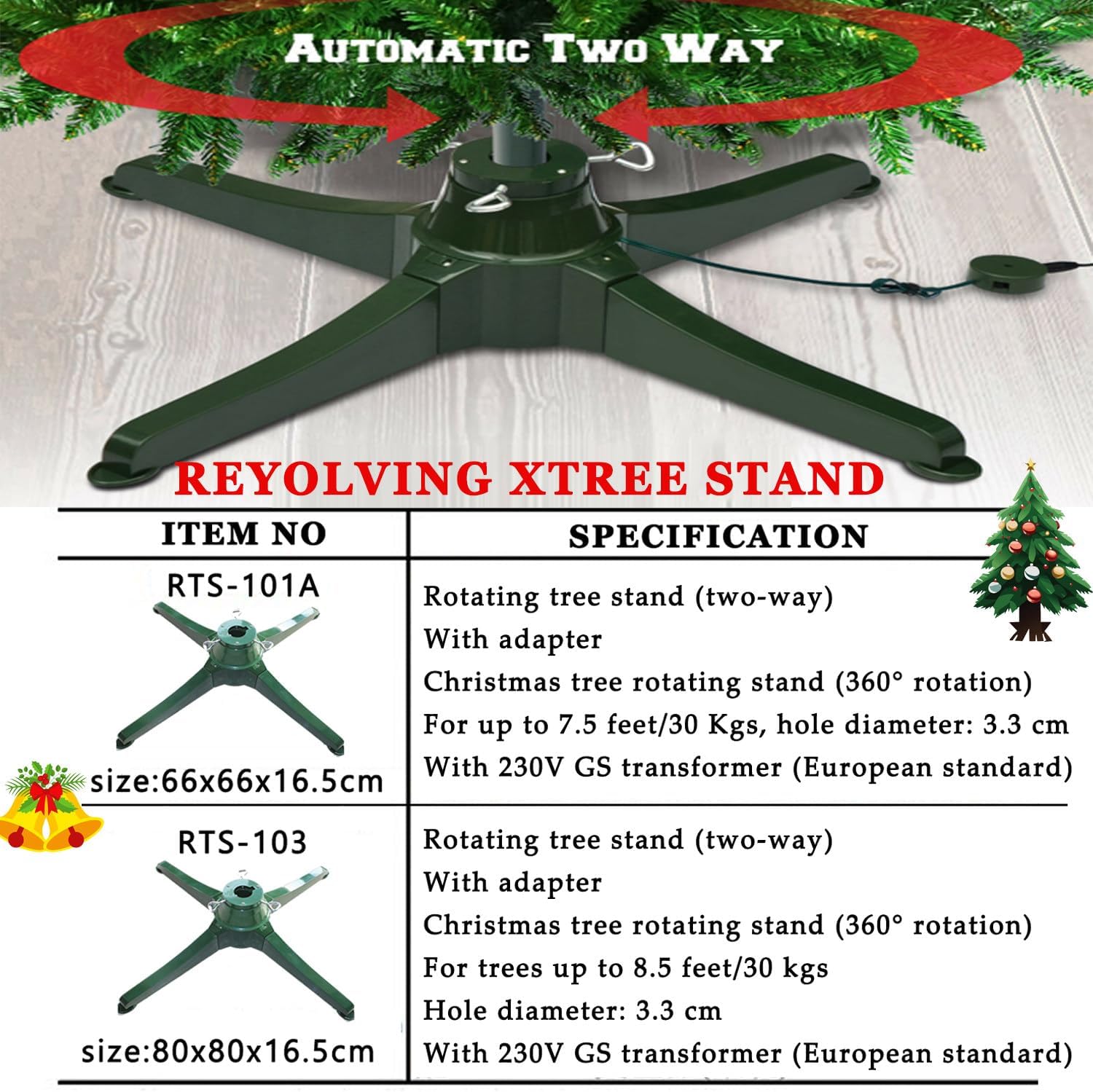 Electric 360-Degree Rotating Tree Stand,Rotating Christmas Tree Stand,Spinning Christmas Tree Stand Base,Up to 7.5ft and 80 Pounds Artificial Tree,with 3 Settings Trunk Diameter,80cm
