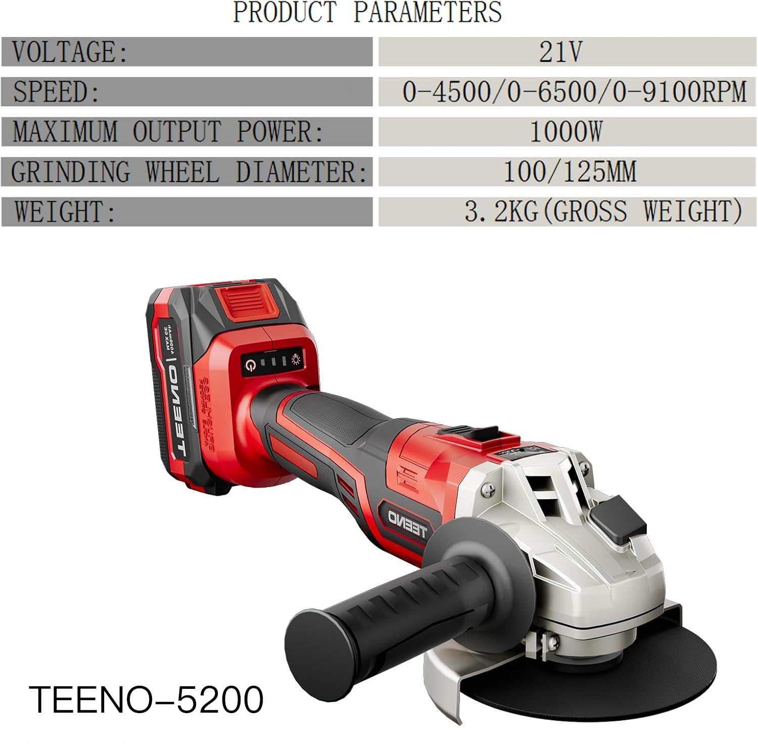 Smerigliatrice Angolare Senza Fili TEENO 21V 1000W - Flessibile a Batteria con 2 Batterie 4000mAh, 9100 RPM - Kit Completo con 14 Accessori (Disco Taglio/Lucidatura) - Pronto all'Uso
