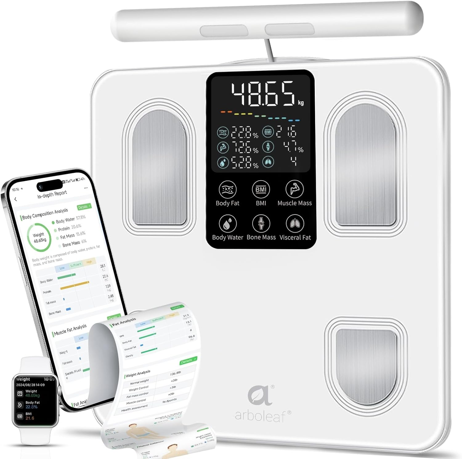 Arboleaf Scale for Body Weight, Smart Scale with BMI, Body Fat, Muscle Mass, 26 Metrics Full Body Composition Analyzer, 8-Electrode High Precision Digital Bathroom Scale, Bluetooth Sync, White Arboleaf Scale for Body Weight, Smart Scale with BMI, Body Fat, Muscle Mass, 26 Metrics Full Body Composition Analyzer, 8-Electrode High Precision Digital Bathroom Scale, Bluetooth Sync, White