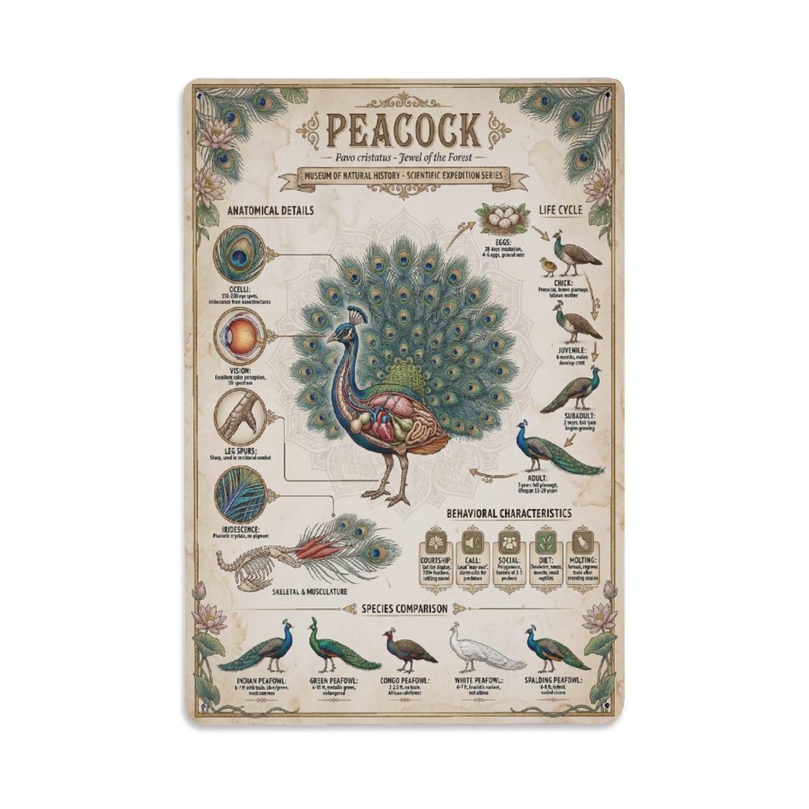 Kids Animal Safari Wildlife Guide Peacock Anatomy Sci Inf Metal Tin Sign Plaque Wall Decor for Cafe, Man Cave, Club Bar, Office, Home Garden Round Metal Poster 8x12Inch