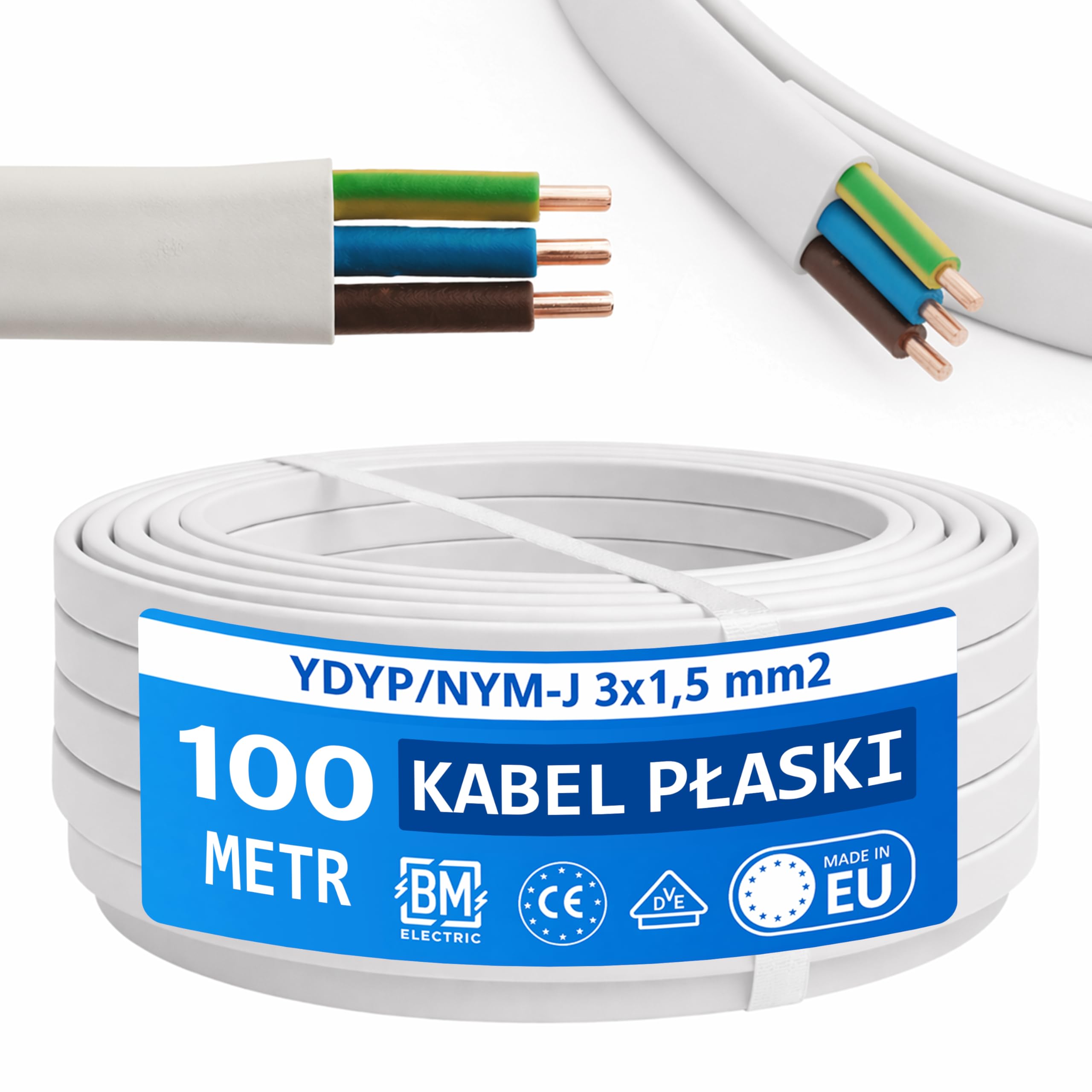 NYM kabel 3 x 1,5 mm² YDYp – kabel zasilający 3-biegunowy, płaski kabel 100 m, 10 x 5 mm, przepust okienny, kabel do wilgotnych pomieszczeń, masywny przewód miedziany, 300/500 V