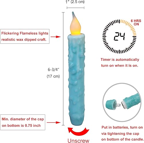 Miniatura 6 de CVHOMEDECO. Velas de cera real sumergidas a mano con temporizador, luces LED rústicas sin llama, 6-34 pulgadas, color verde azulado, 3 unidades en