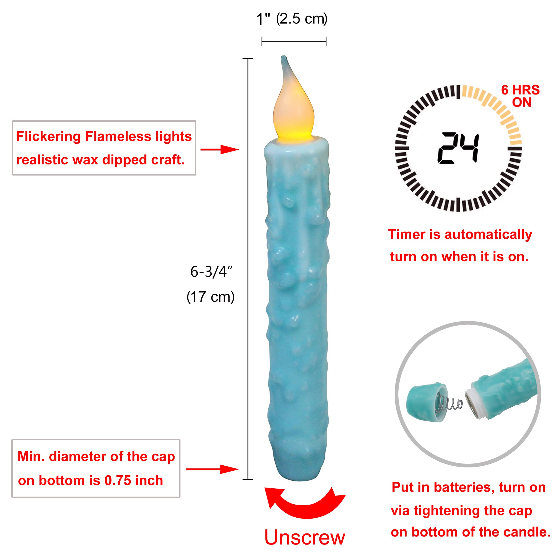 CVHOMEDECO. Velas cónicas LED de cera real sumergidas a mano, funciona con pilas, decoración rústica primitiva sin llama, 6-3/4 pulgadas, verde azulado, 3 unidades en un paquete