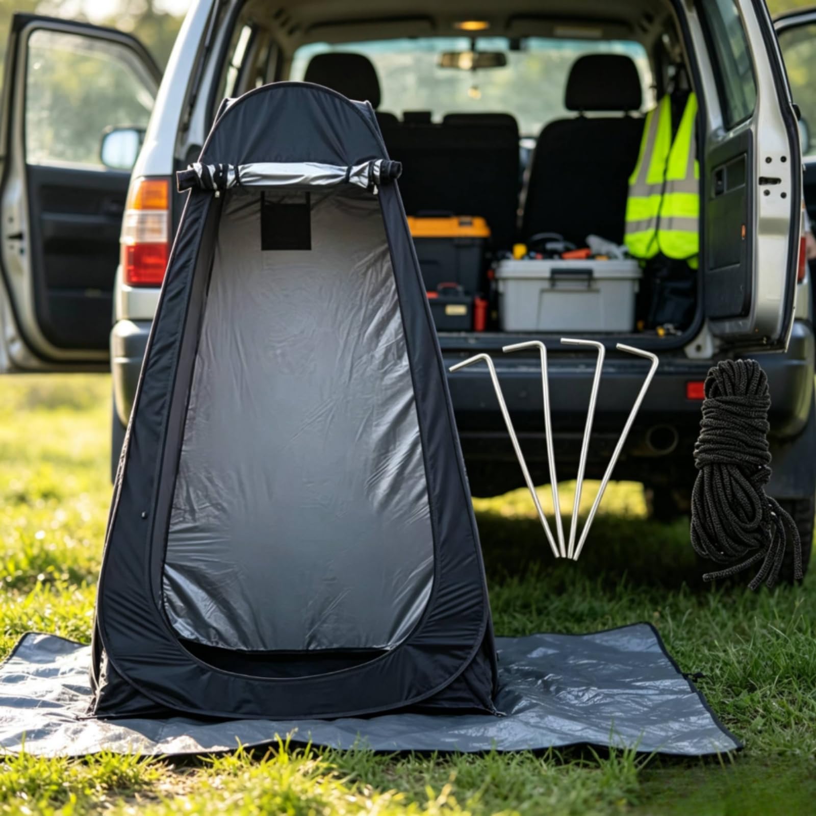 Outdoor Zelt Umkleidezelt Duschzelt Schutzkabine mit Fenster Und Dachlüftung aus Silberbeschichtetem Material mit Heringen Und Abspannleinen für Camping Strand Festival