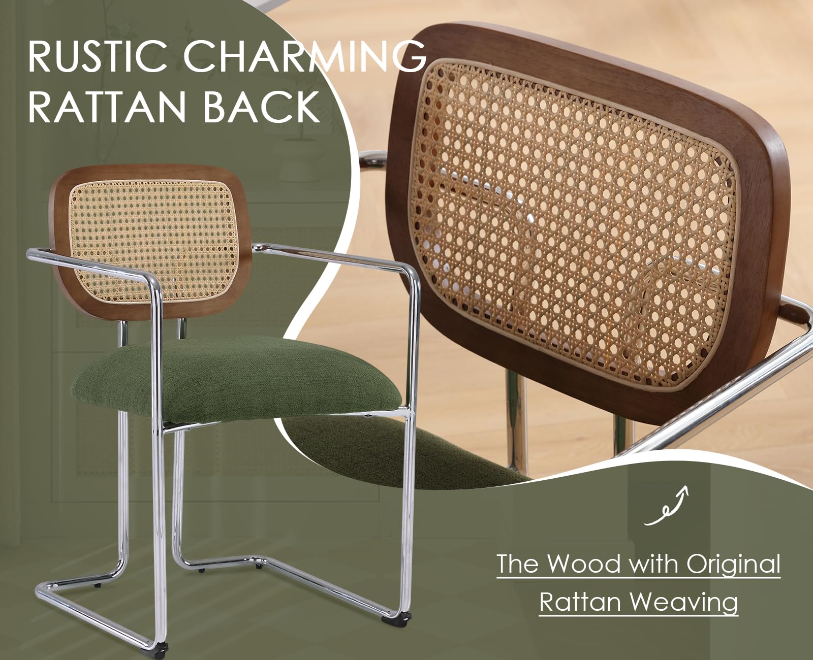 Esszimmerstühle 2er Set, Retro Küchenstühle mit Rattan Rückenlehne Gepolsterte Essstühle mit Metallgestell aus Leinen, für Esszimmer Wohnzimmer Küche Schlafzimmer​Lounge, Grün
