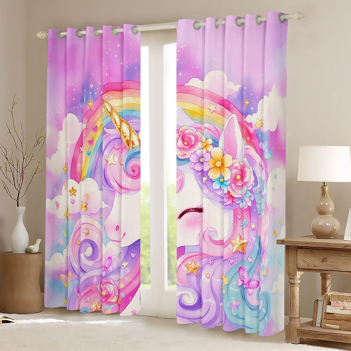 Loussiesd Pink Unicorn - Trattamenti per finestre, 2 pannelli, 116 x 137 cm