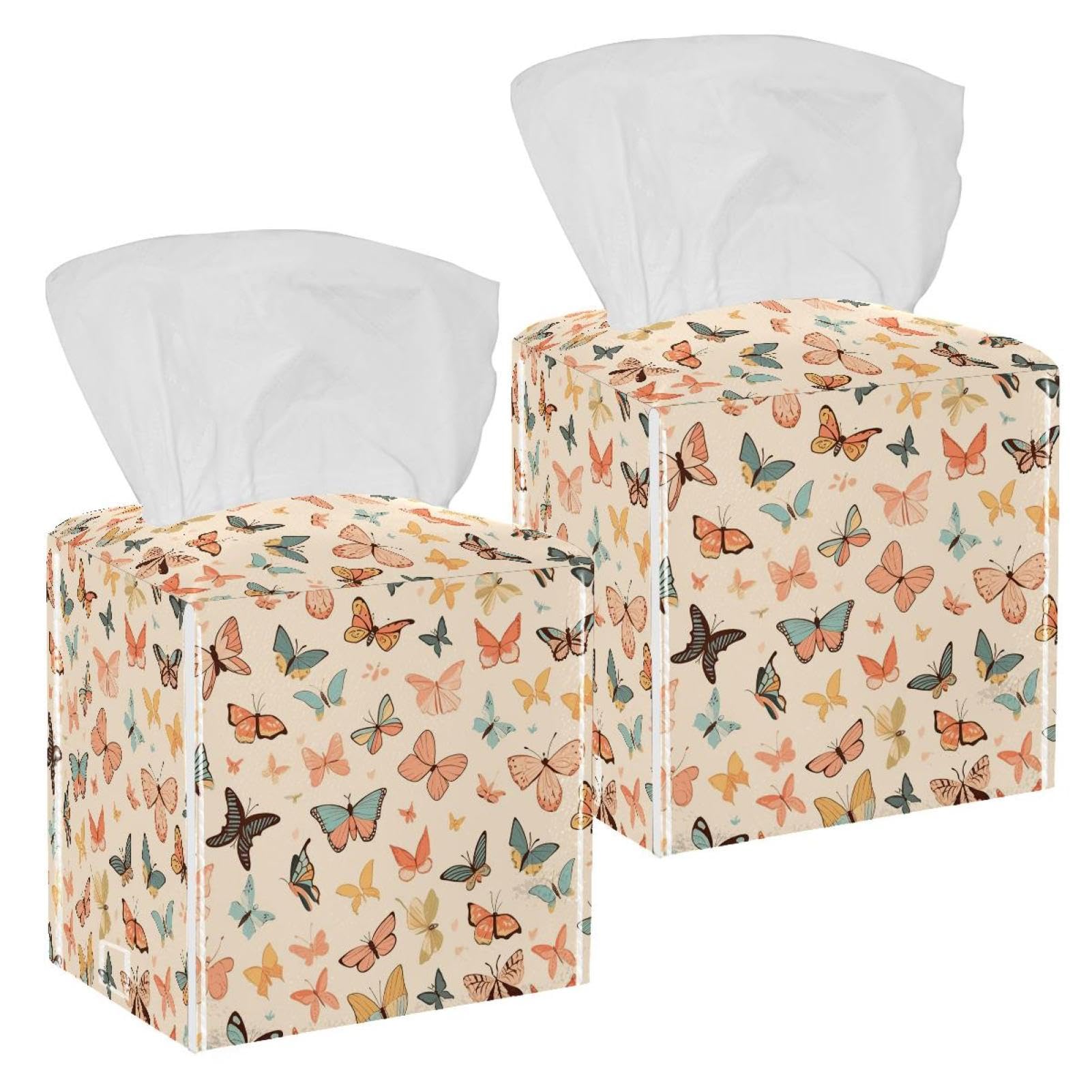 Aesthetic Butterfly Tissue Box Cover, 2 Pack PU Leather Square Facial Tissue Dispenser Box holder for Home Office Car