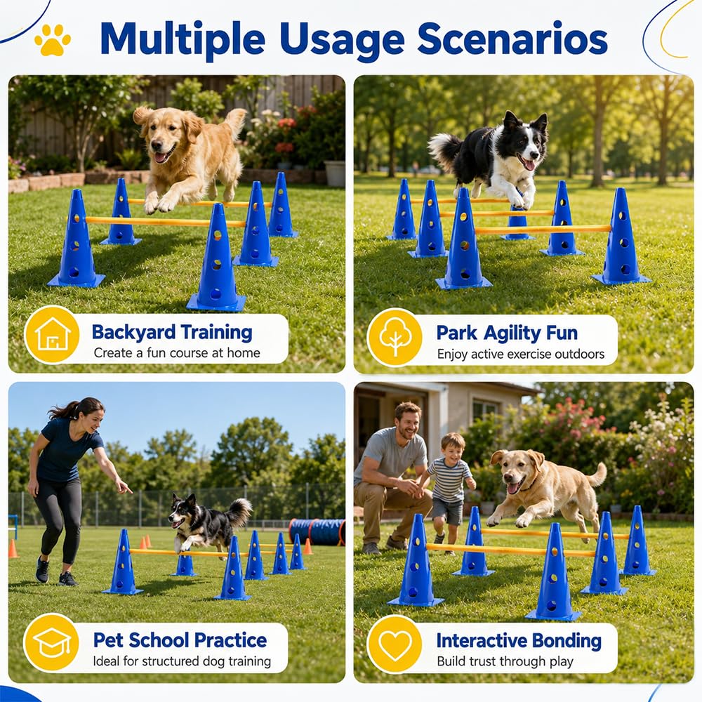 Steckhürdenset, Agility Set Hunde mit 8 Kegel(23cm) + 4 Stangen(1 m), Cavaletti Hund für Koordinationstraining, Pylonen Hundetraining, Einstellbare Trainingshürden für Hunde Teamsport Fussball