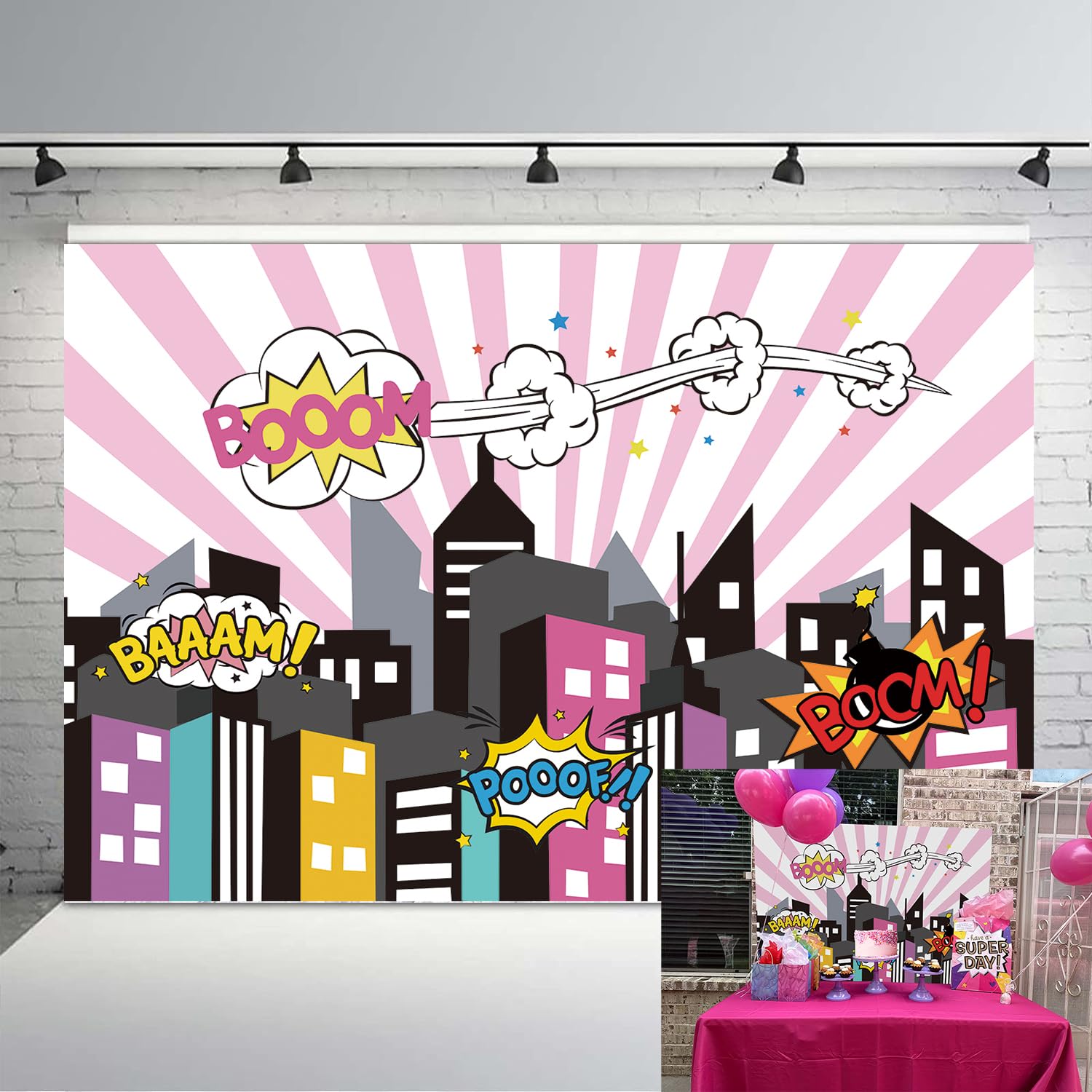 8x6ft Cartoon Superhero Party Backdrop Pink for Girls Women Birthday Super Hero Comics City Buildings Photography Background Happy Birthday Party