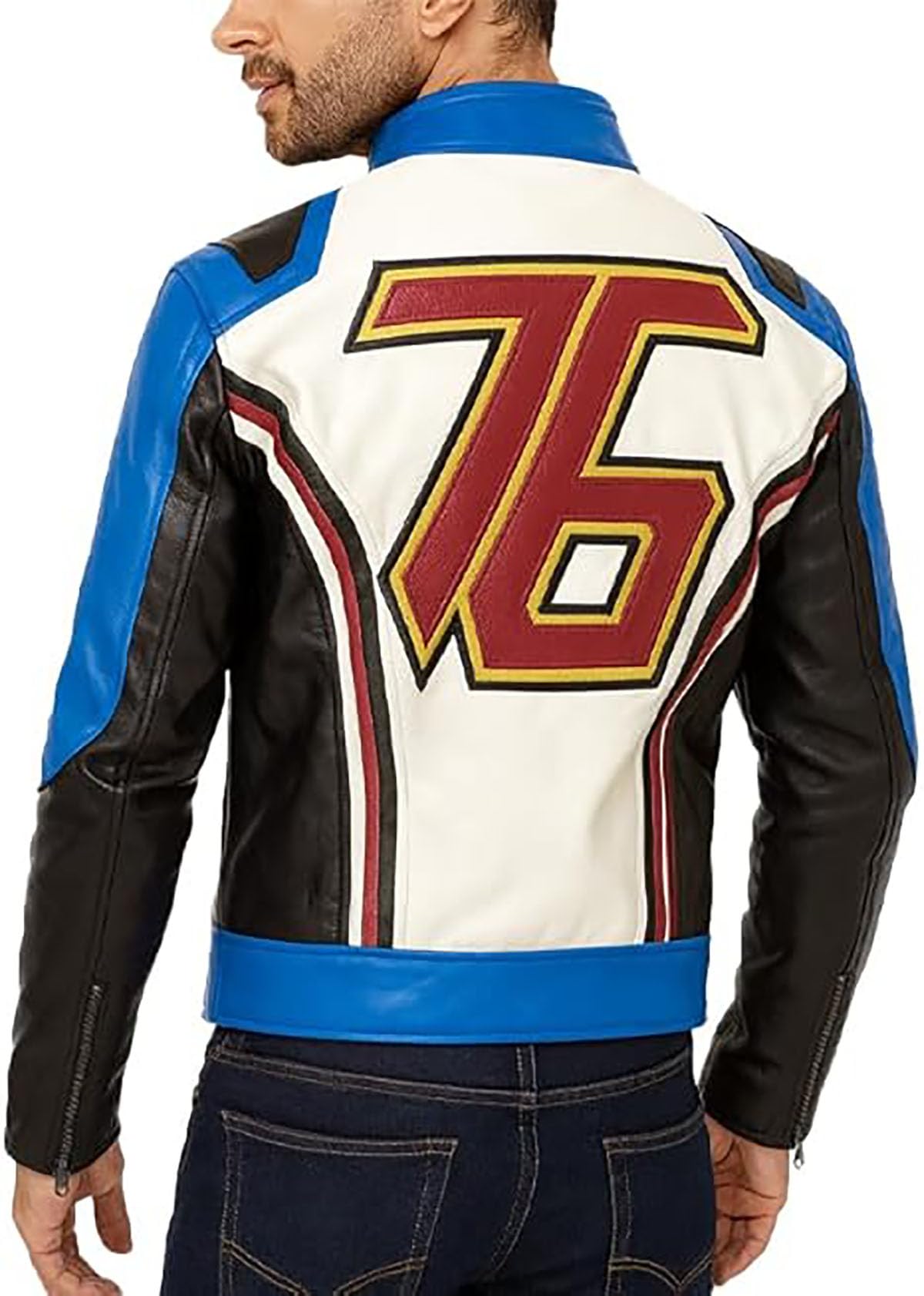 Giacca da moto in similpelle blu da uomo, vestibilità elegante