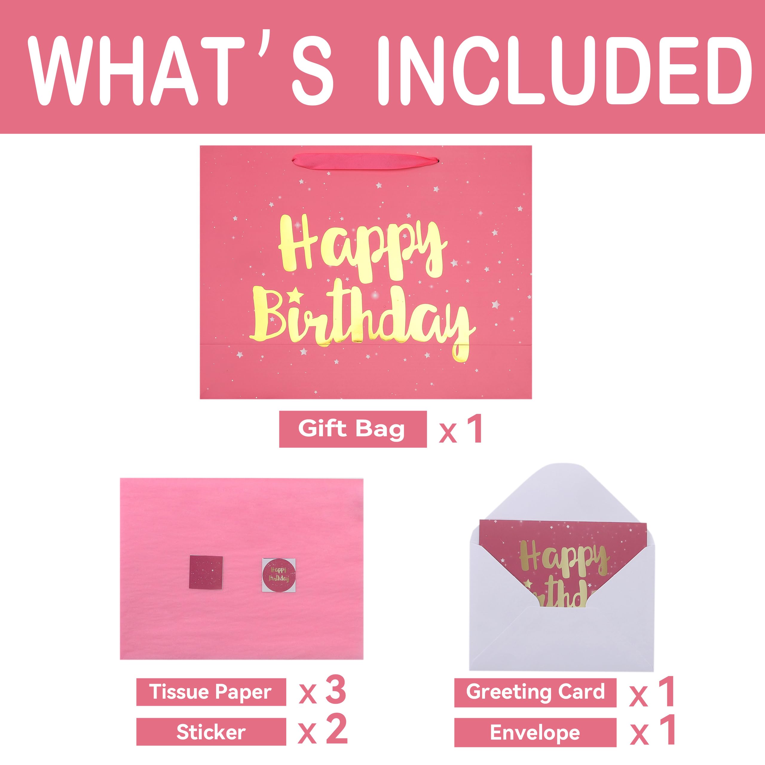 Extra Large Pink Happy Birthday Gift Bag Set - 16.5x12.6x5.5 Inches With Handles, Tissue Paper, Card & Stickers - Balloon Design For Women & Girls