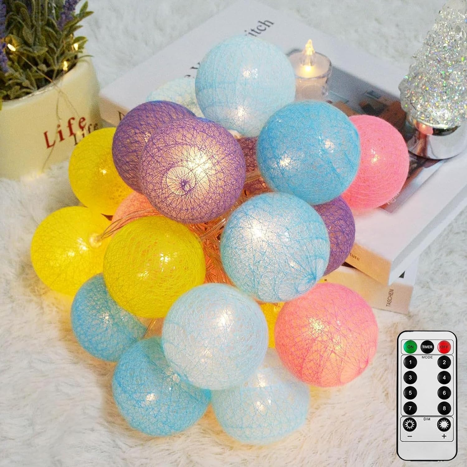 Fairy Lights LED String Lights - 3.8M 20 Pcs UK Plug Cotton Ball String Lights with Remote Control for Wedding Party Home Christmas Decoration