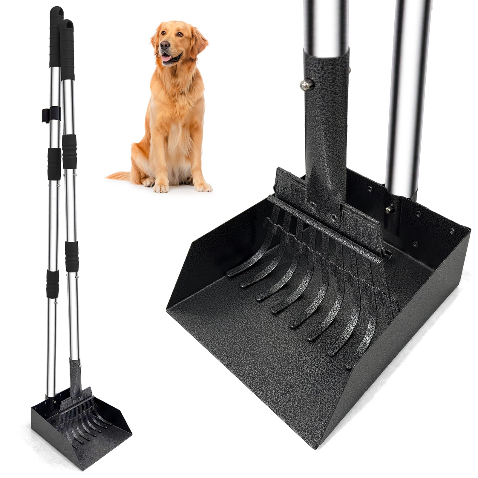 Niubya Dog Pooper Scooper for Grass Patio Garden, 38" (96cm) Adjustable No-Bend Long Handle, Metal Rake & Scoop Kit, 2 Pack