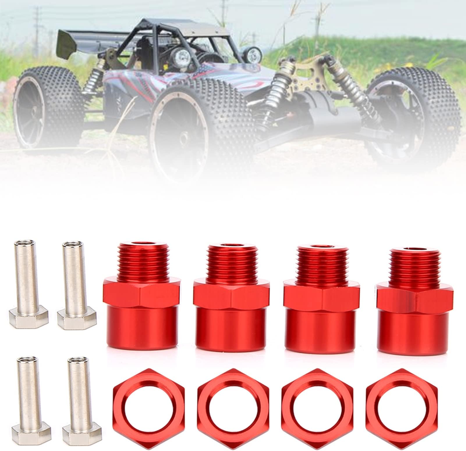RC Car Wheel Hex Adapter, 4pcs Metal Conversion Kit with Hex Nuts and Pins, for D4 HSP 94123 1 10 Scale Car (Red)