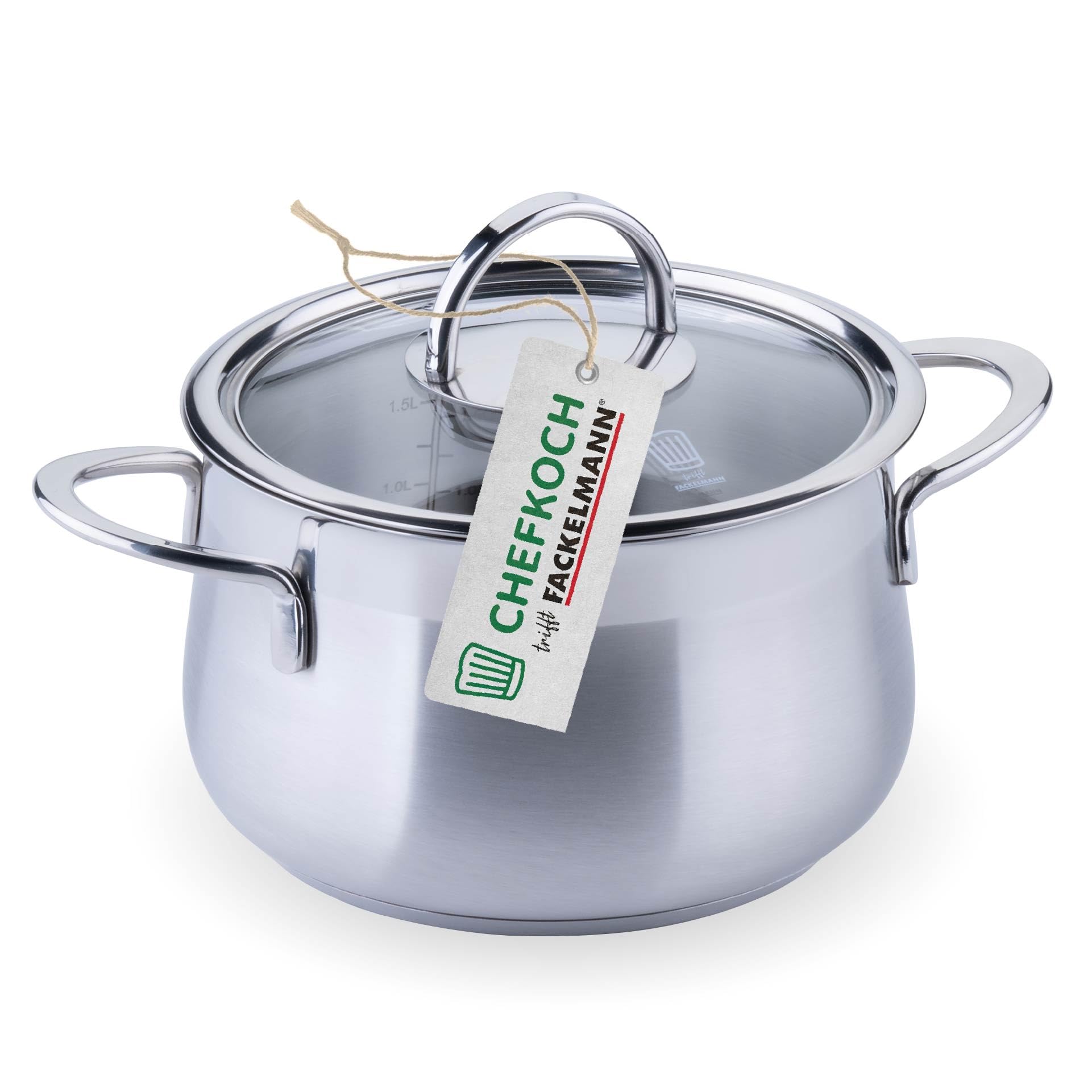 FACKELMANN Chefkoch Kochtopf mit Glasdeckel Leipzig – ø16cm, Edelstahl 18/8, Aluminium-Kern, für alle Herdarten inkl. Induktion – spülmaschinengeeignet