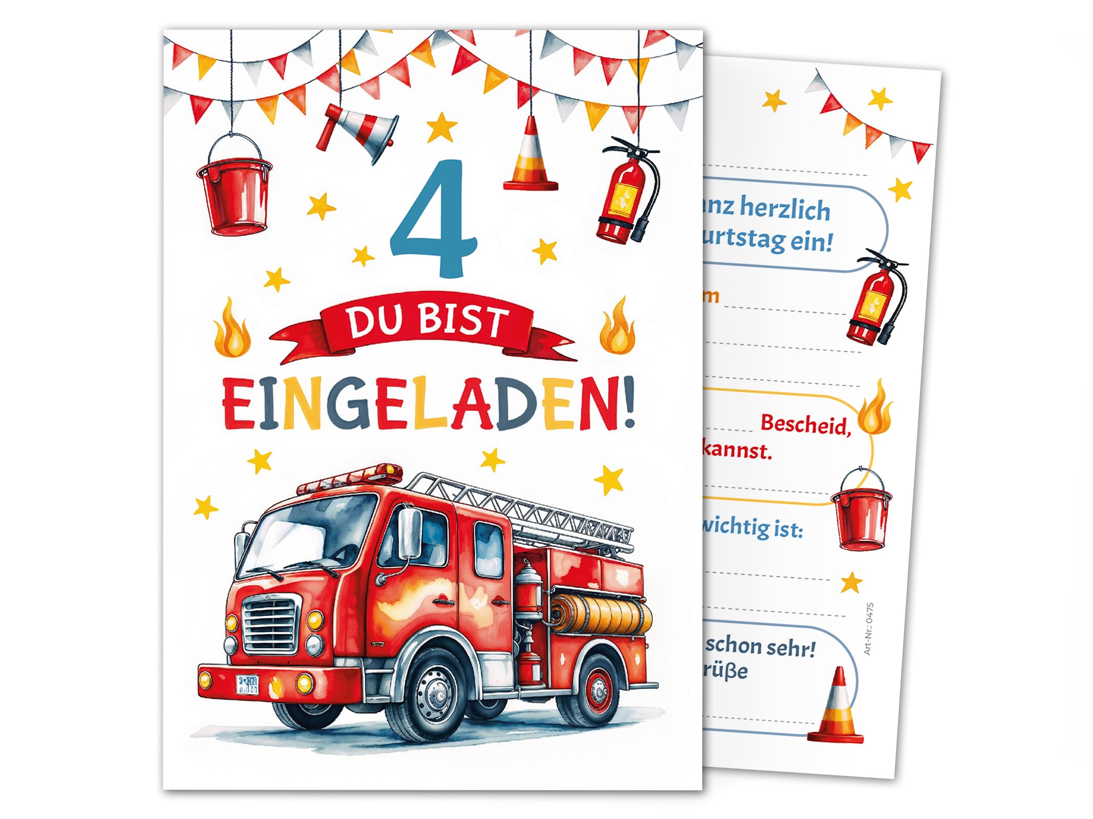 Junaversum 12 Einladungskarten zum 4. Kindergeburtstag Jungen Feuerwehr Kinder Junge coole bunte Einladungen vierte Geburtstag Geburtstagseinladungen Kids